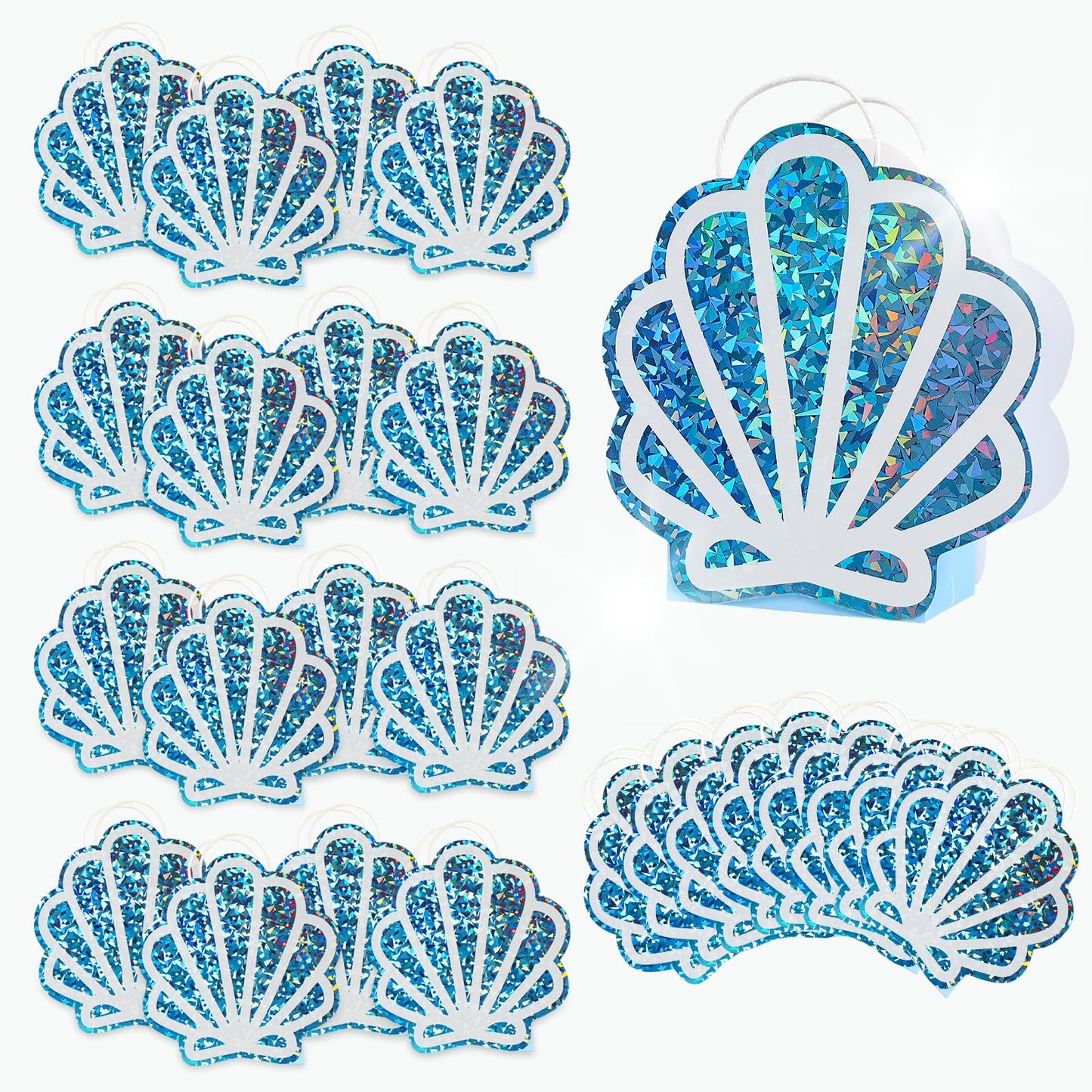 Sariiraw 24 Pack Mermaid Party Favor Bags with Handles, Holographic Seashell Goodie Bags for Under The Sea Theme Party Decorations, Mermaid Birthday, Baby Shower Supplies, 4.7"x3.1"x8.3"