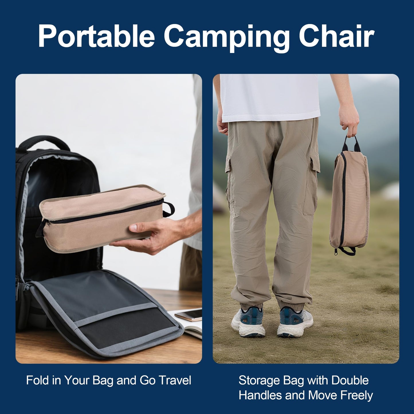 TlaroRiz Camping Chair Portable Lightweight Camping Chairs for Adults Foldable 600D Oxford Ultralight Backpacking Chair with Breathable Mesh and Pocket for Outdoor Travel Hiking,Beige