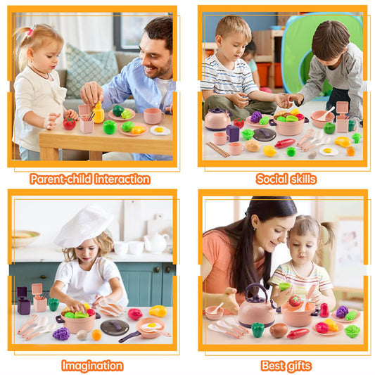 56Pcs Mini Play Kitchen Accessories for Kids, Pretend Cooking Playset with Cookware, Tableware & 2 Fruit Sets, Learning Gift for Girls, Boys, Toddlers, Pink