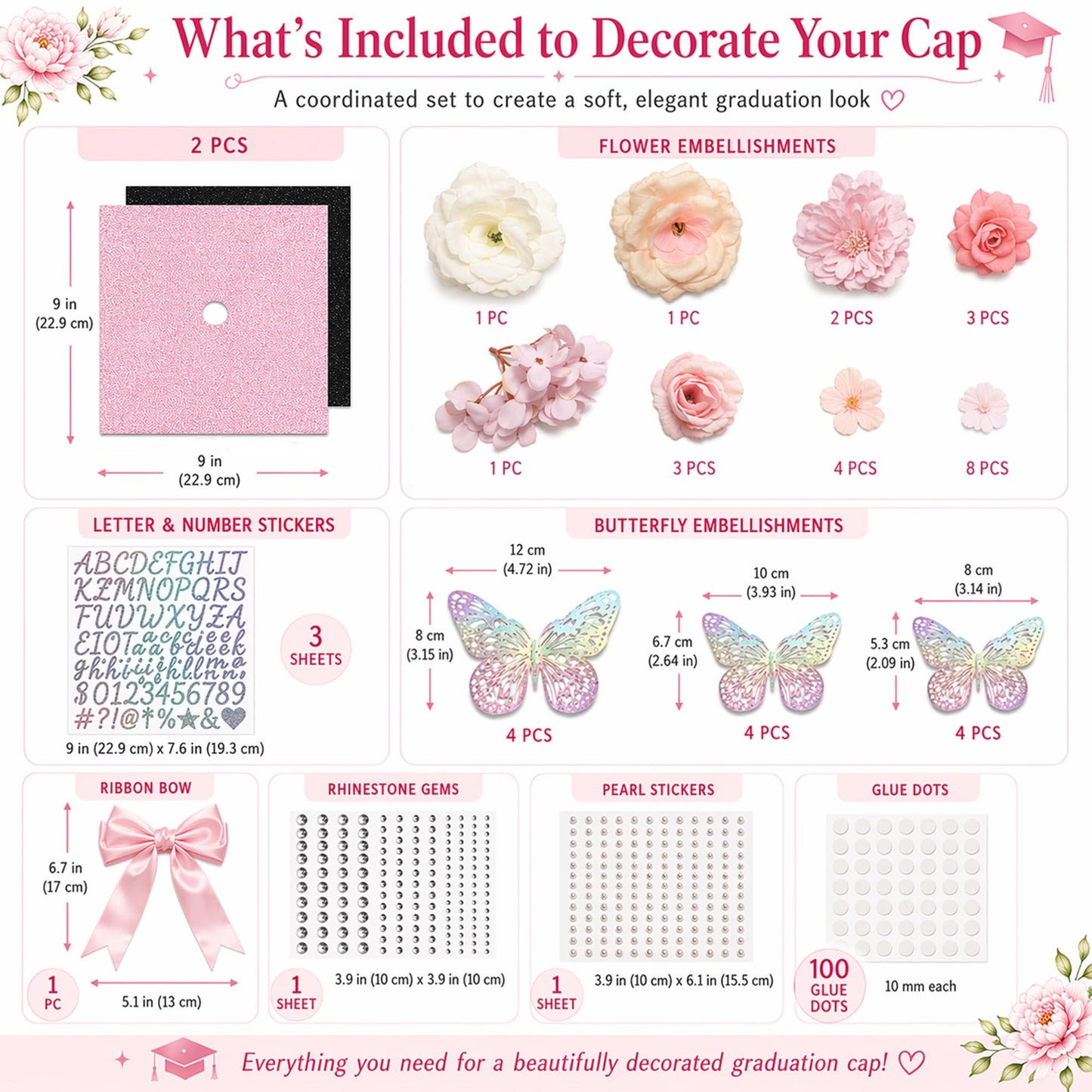 42PCS Graduation Cap Decorations Kit 2026, Pink DIY Grad Cap Topper Set with Glitter Topper Boards, 3D Butterflies, Letter Stickers, Pearls, Rhinestones, Flowers for Class of 2026