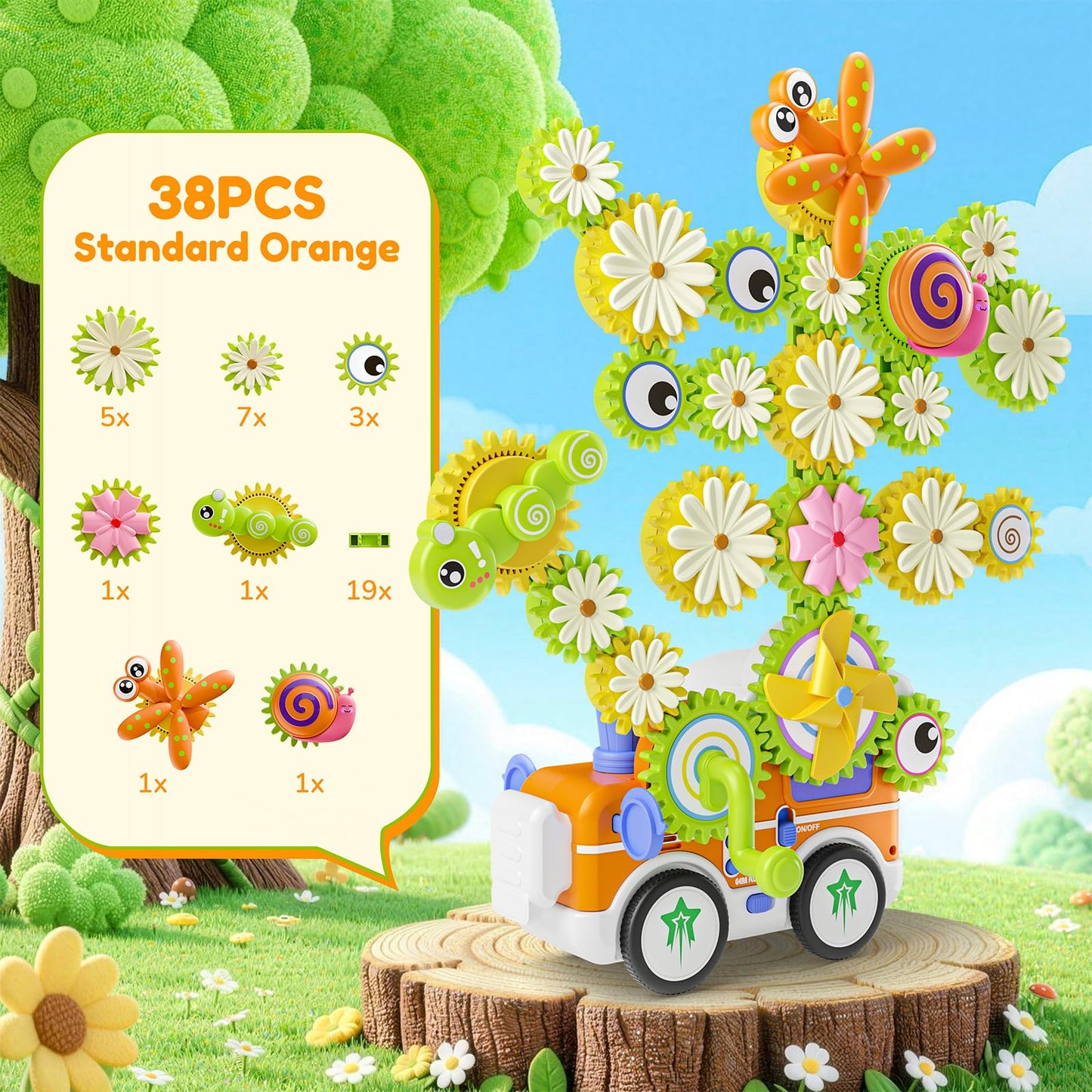 Gears Building Toys for Kids Ages 3+, STEM Construction Set for Toddlers, Train and Flower Models with Electric & Manual Modes, Lights and Music, DIY Educational Learning Toys Gift for Boys and Girls