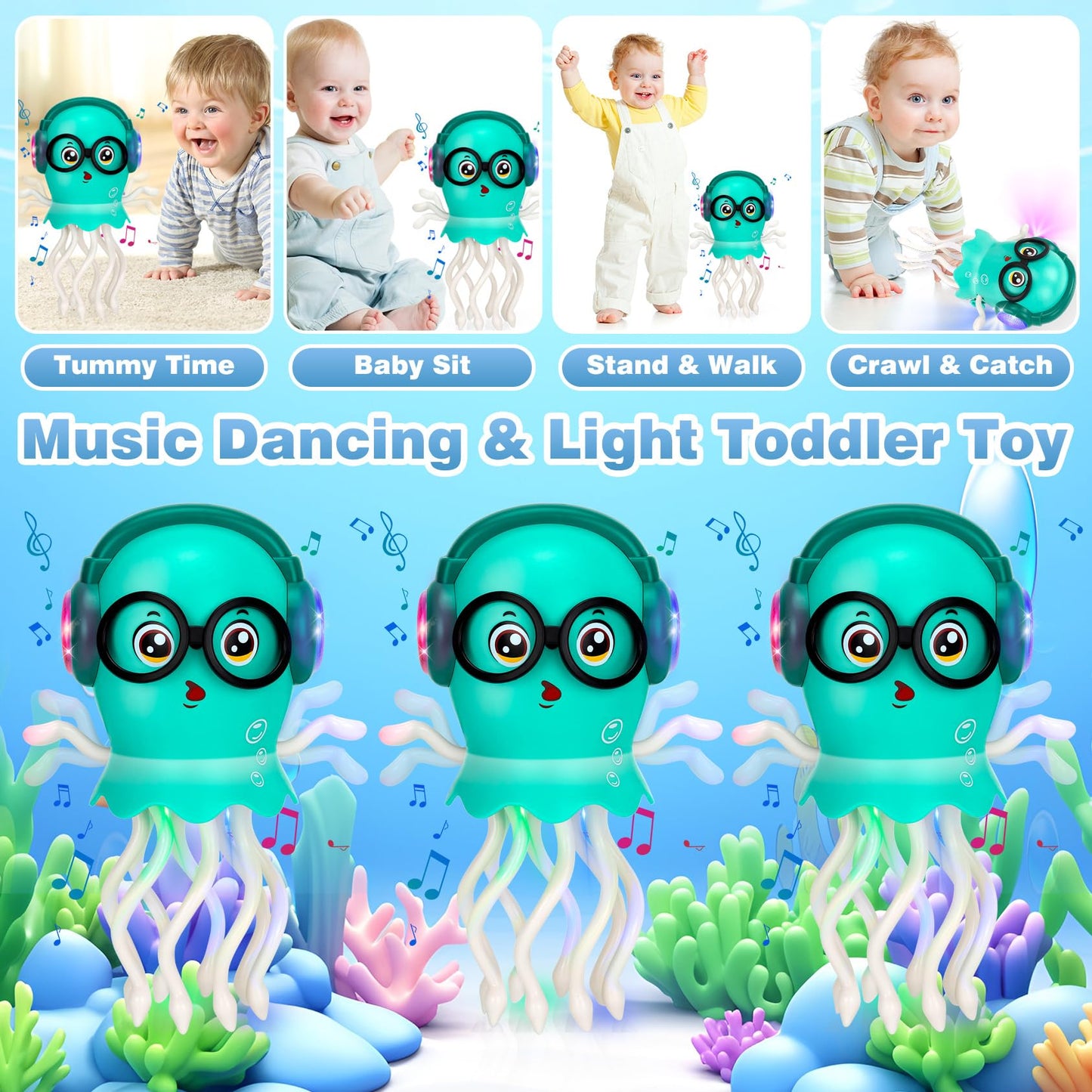 Dancing Octopus Baby Toys, Light Up Music Tummy Time Toys with 2 Flash Lights,Moving Electric Crawling Squid Toy for Babies with 1 Wheel,Baby Toy for 3 4 5 Year Old Boy Girl Christmas Birthday Gifts