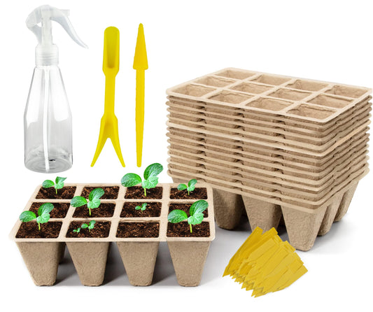 SYITCUN 240 Cells Seed Starter Tray, 20 Pack Seed Starter Kit for Planting Seeds, Biodegradable Peat Pots, Value Germination Kit with 200 Plant Labels, 2 Transplanting Tools, 1 Spray Bottle