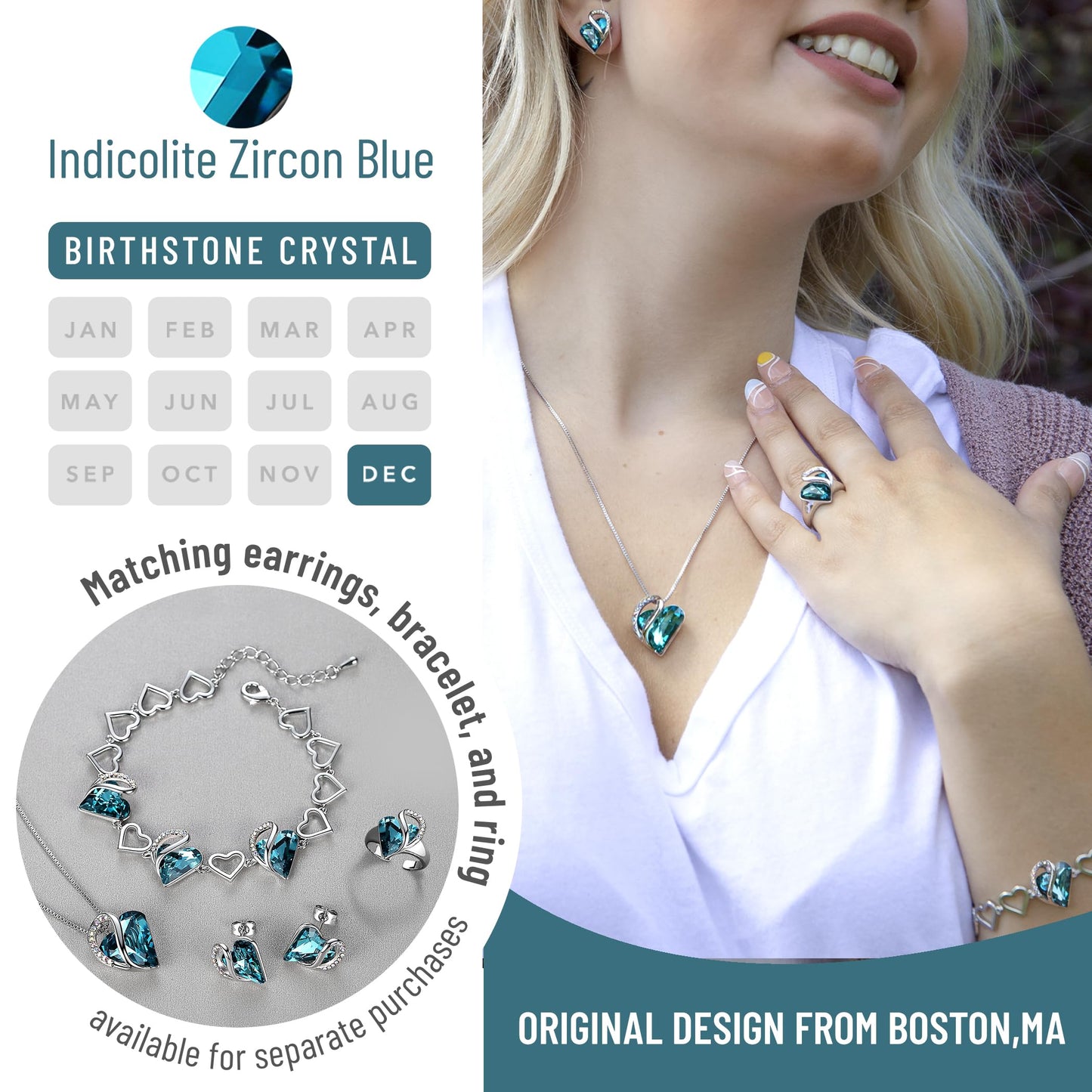 Leafael Gift Necklaces for Women, Infinity Love Birthstone Heart Pendant with Zircon Blue Crystal for December, Birthday Jewelry for Her, Mom, and Wife, Silver Plated, 18" + 2" Chain