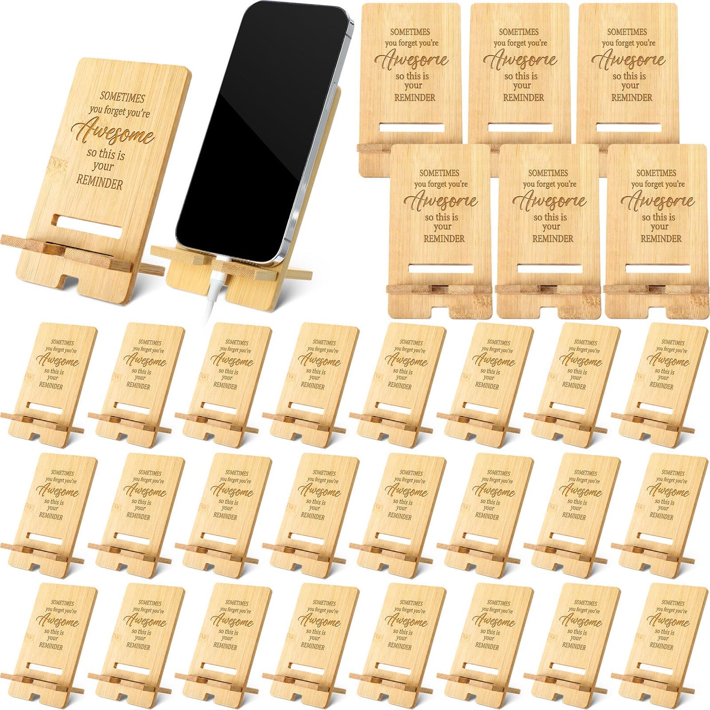 Ripeng 24 Pcs Employee Appreciation Gifts Bulk Bamboo Phone Stand for Desk Office Worker Thank You Gift for Administrative Team Coworkers Staff Graduation Nurse Teacher Week (Awesome Reminder)