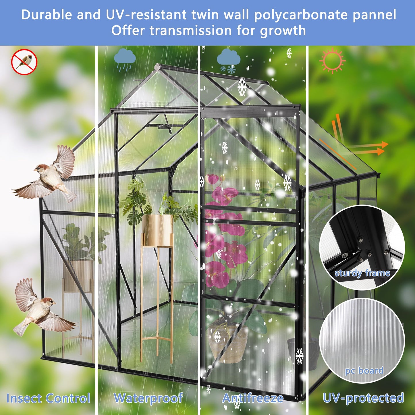 Lovtimber 6X6FT Polycarbonate Greenhouse, All Season Heavy Duty Walk-in Garden Plants Green House for Outdoor Backyard, Raised Base and Anchor Aluminum, Black