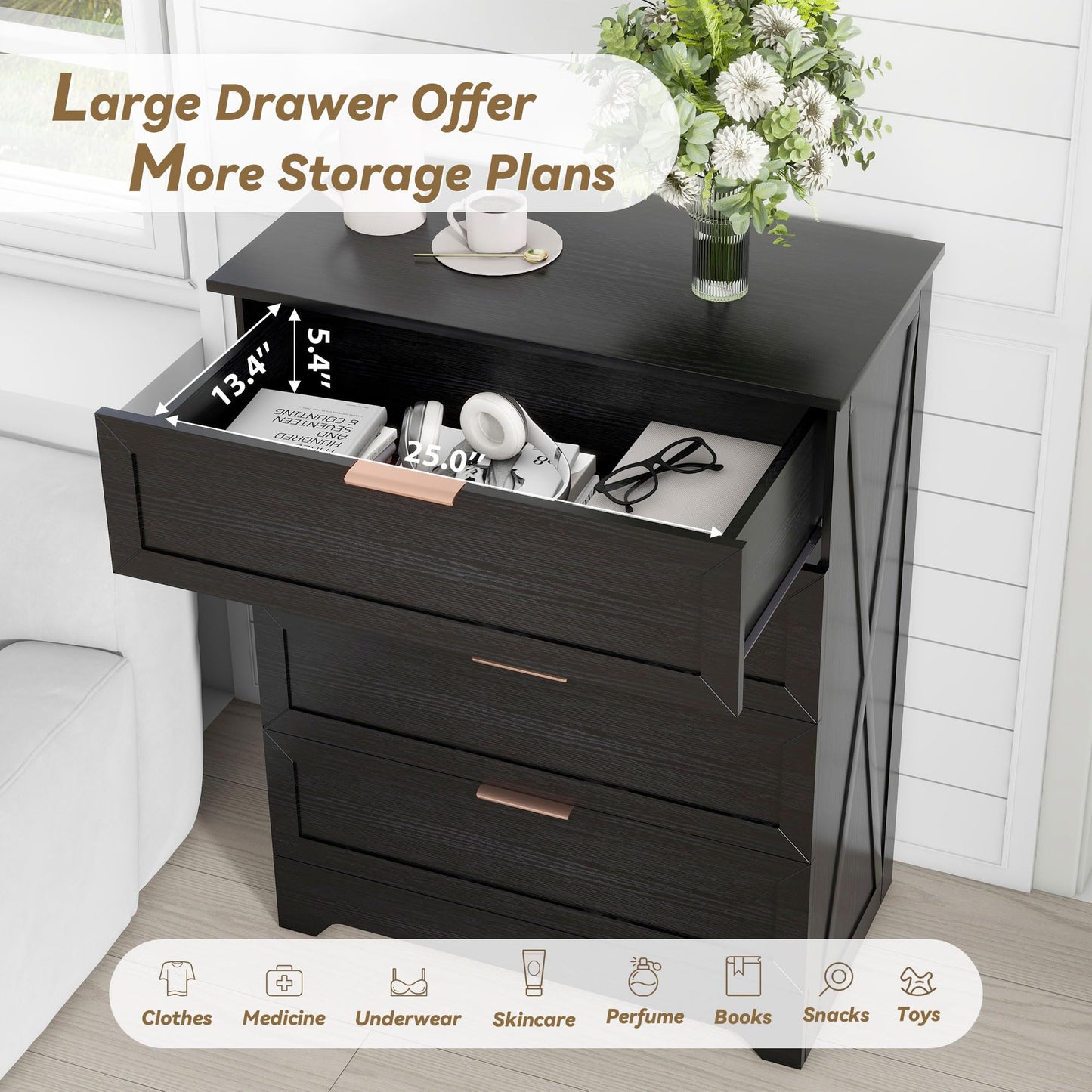 FTZxHKLX Modern 4 Drawer Dresser for Bedroom, Tall Bedroom Dresser with Large Drawer & Rose Gold Handles, Wooden Storage Organizer Cabinet Chest of Drawer for Closet, Living Room, Hallway, Black