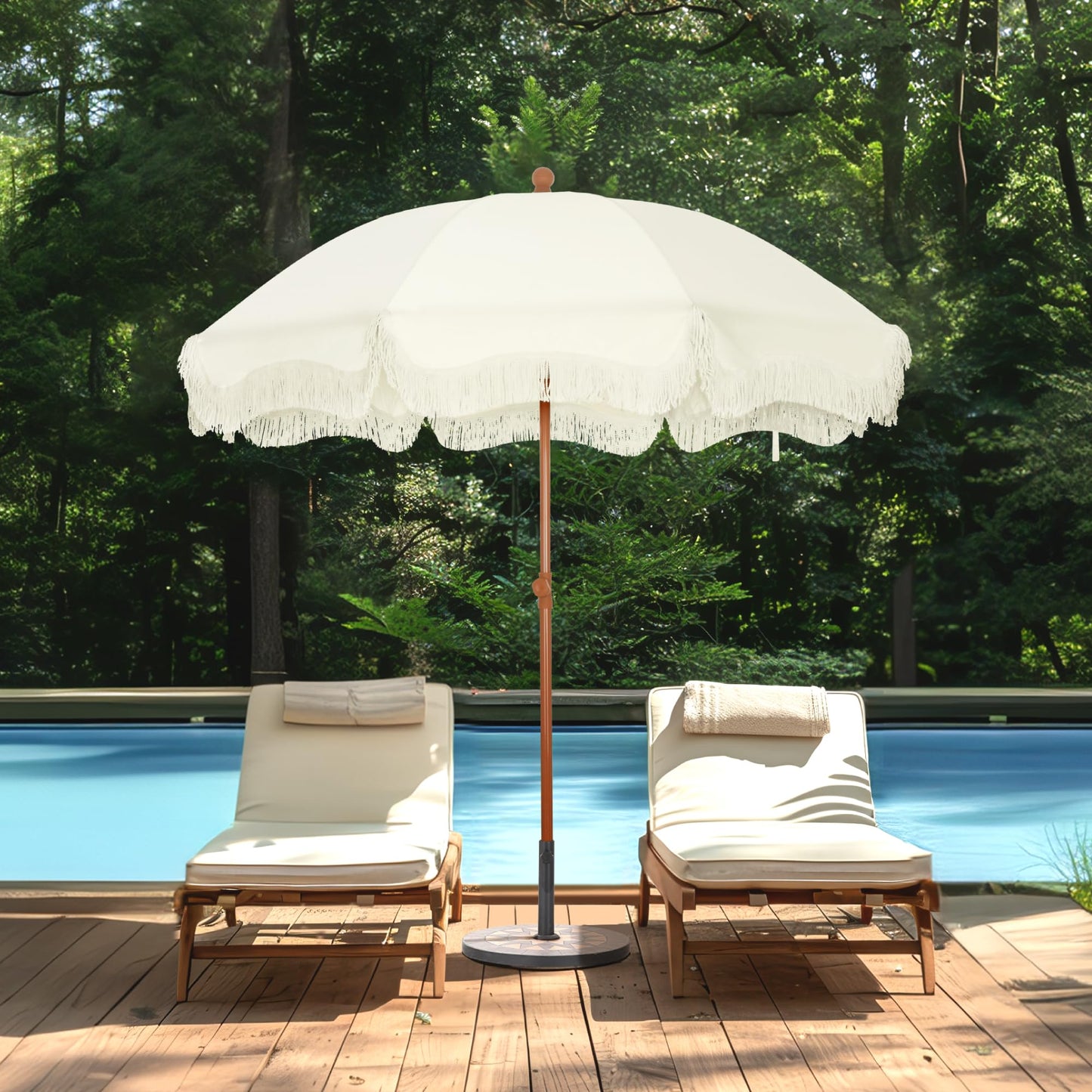 MFSTUDIO 7ft Patio Beach Umbrella with Fringe, Tassel Umbrellas UPF50+ with Sand Anchor & Tilt Button, Holiday Outdoor Umbrella with Carry Bag, Ideal for Garden Lawn Poolside, Ivory