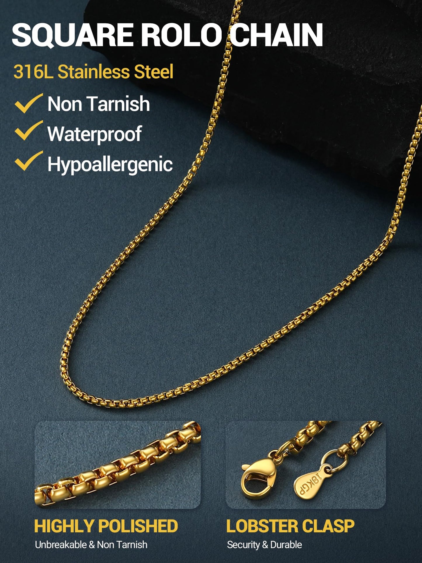 PROSTEEL Mens Chain Necklace, Squre Rolo Cable Chains 2mm Thin 18K Gold Necklace Waterproof & Non Tarnish Men and Women Jewelry with Gift Box 18in