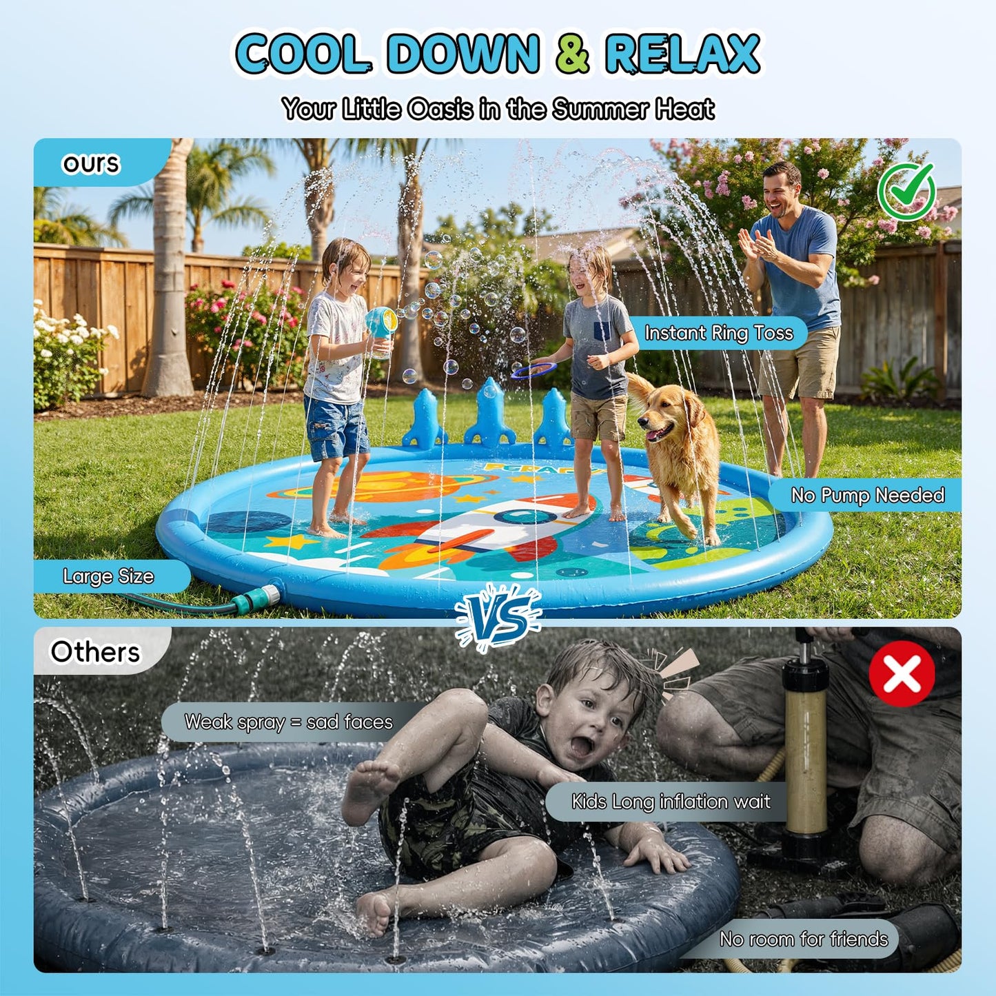 Peradix Toddler Splash Pad for Kids, 67" Sprinkler Mat with Ring Toss Game, Kids Summer Toys for Boys Girls & Family, Baby Splash Pad for Outside Backyard Garden Lawn Water Games, 6 Plastic Rings
