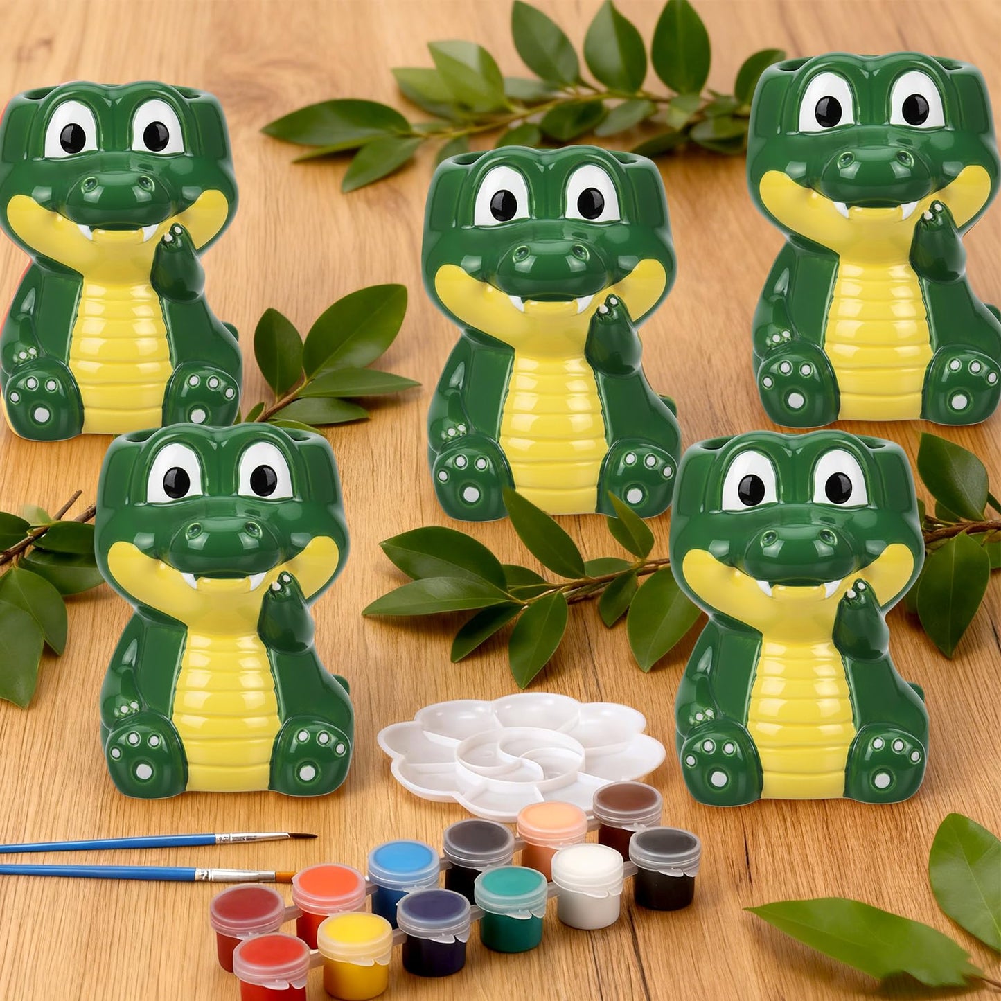 Pasimy 6 Set Ceramics to Paint DIY Ceramic Succulent Planter Pots Paint Your Own Flower Pots Craft Kit Unpainted Bisque Flowerpot with Brush Palette for Family Activity Holiday Gifts (Cute Dinosaur)