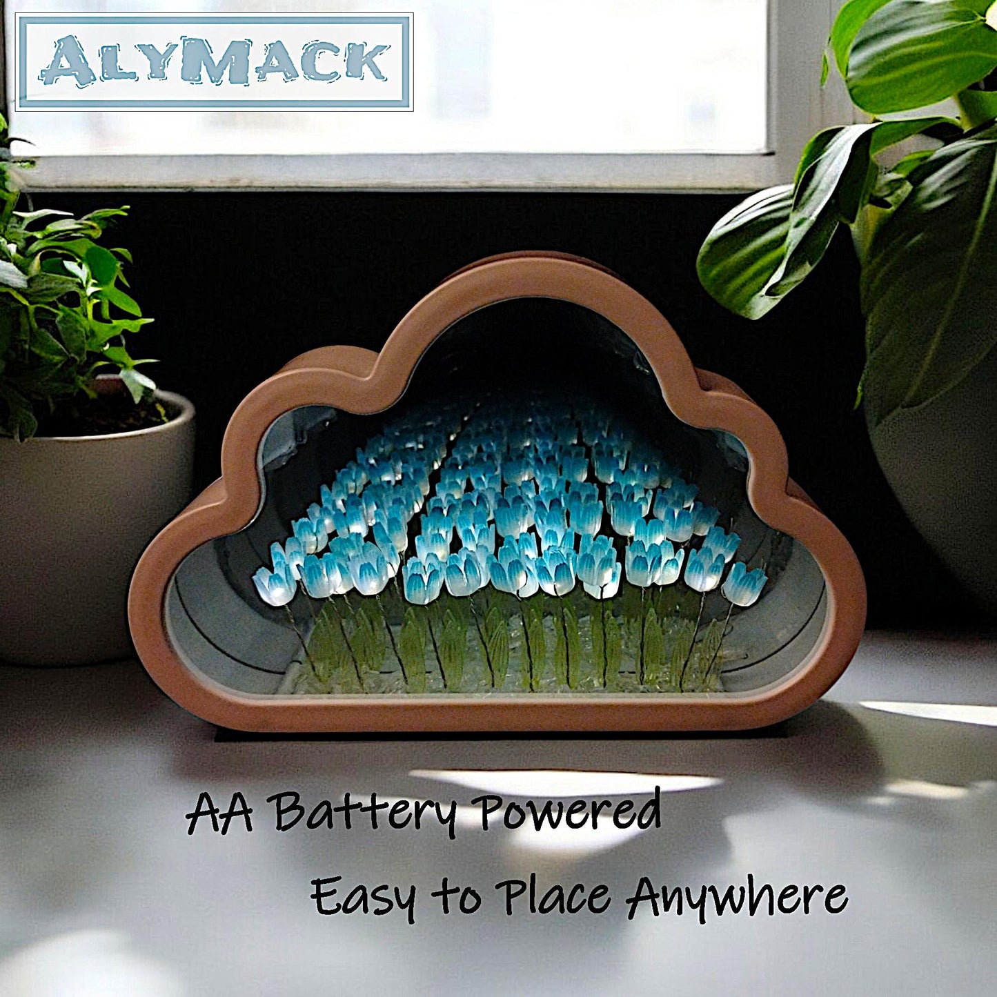 ALYMACK Handmade Tulip Lamp Fully Assembled - Flower Night Light Cuteness Lamps - Tulip and Rose Infinity Mirror in a Glass - Gift for Women or Girl - Lampara de Tulipanes Infinitos (Blue, AA)
