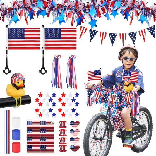 4th of July Bike Decorations for Kids - Parade Patriotic Bicycle Decor, Red White Blue Bike Tassels Streamers, Tinsel, Rubber Duck, Wheel Spokes Beads, American Flags for Independence Day Party Favor