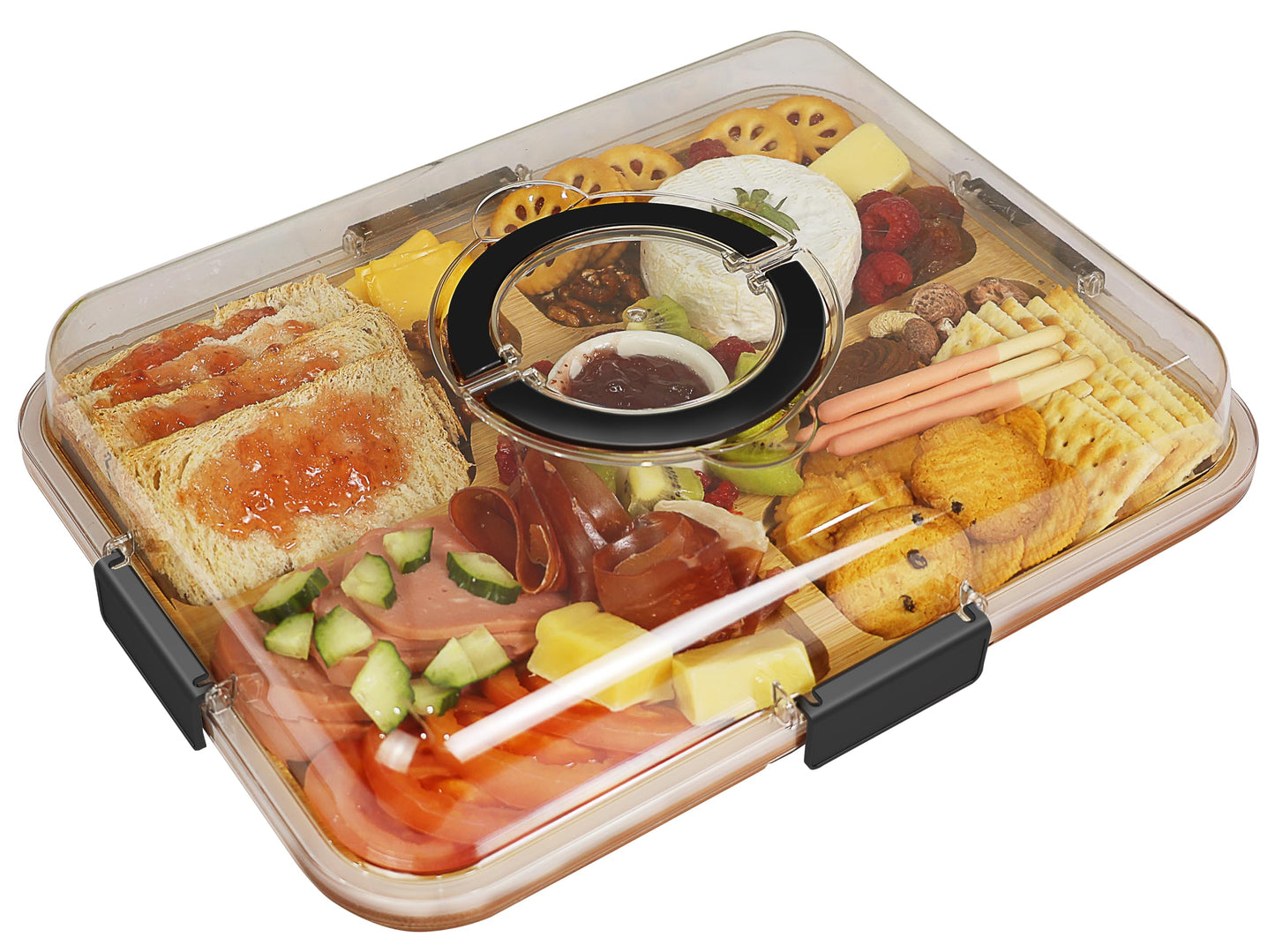 Renmxj Charcuterie Board with Clear Lid, Travel Portable Cheese Board Charcuterie Boxes Cutting Boards for Kitchen, House Warming Gifts New Home, Gifts for Women (5 Compartments Black)