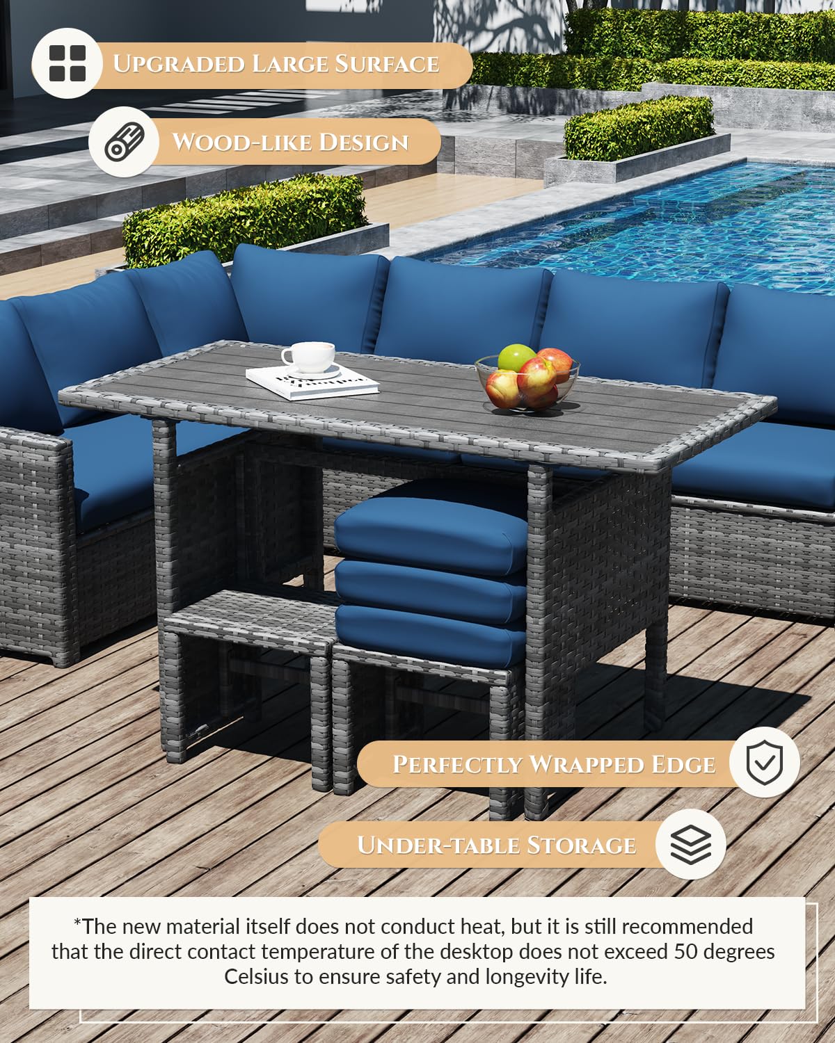 U-MAX 7 Pieces Patio Furniture Set with Waterproof Cover, Outdoor Sectional Sofa Conversation Set, All Weather Wicker Rattan Dining Table & Chair with Ottoman, Grey Rattan&Dark Blue Cushion