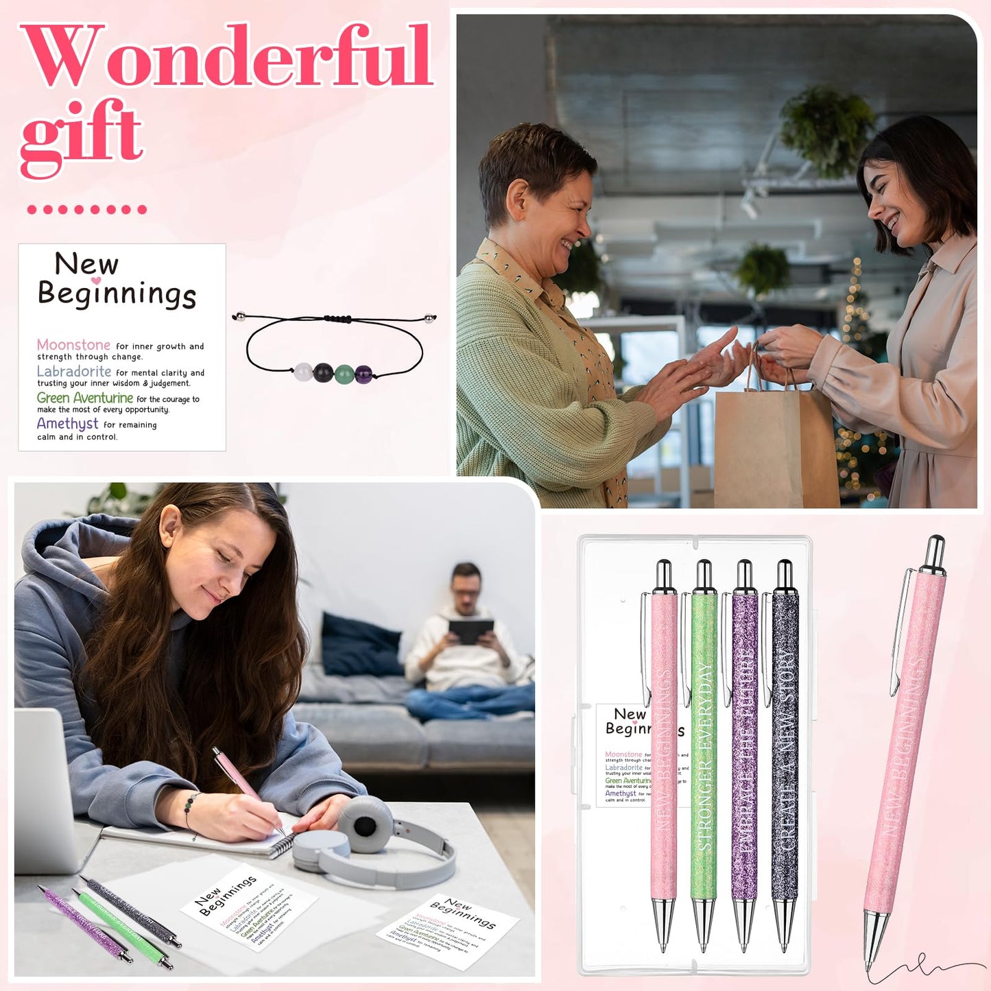 Set of 7 Going Away Gifts for Coworkers Women New Beginning Gift 4 Fancy Inspirational Ballpoint Pen and Crystal Bracelet with Card Goodbye Farewell Encouragement Leaving Job Office Present