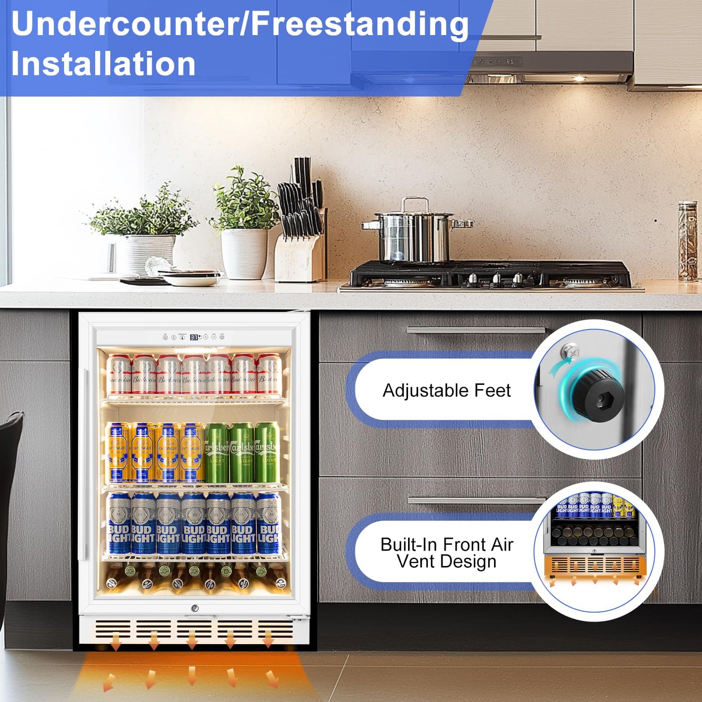 FoMup 24 Inch Beverage Refrigerator with Glass Door, Undercounter Beverage Fridge 200 Cans Large Capacity, Beverage Cooler for Beer Soda with Reversible Door, Temperature Control, Safety Lock, White