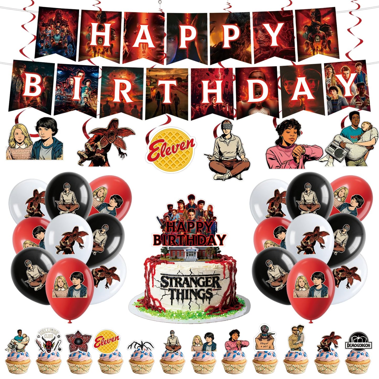 50pcs Stranger season 5 Things Party Supplies for kids, Birthday Decorations Set Include Banner, Balloonss, Hanging Swirls, Cake Cupcake Toppers for Boys Girls Theme Party ( Things 5-B)