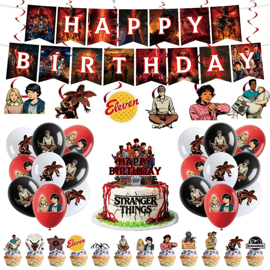 50pcs Stranger season 5 Things Party Supplies for kids, Birthday Decorations Set Include Banner, Balloonss, Hanging Swirls, Cake Cupcake Toppers for Boys Girls Theme Party ( Things 5-B)