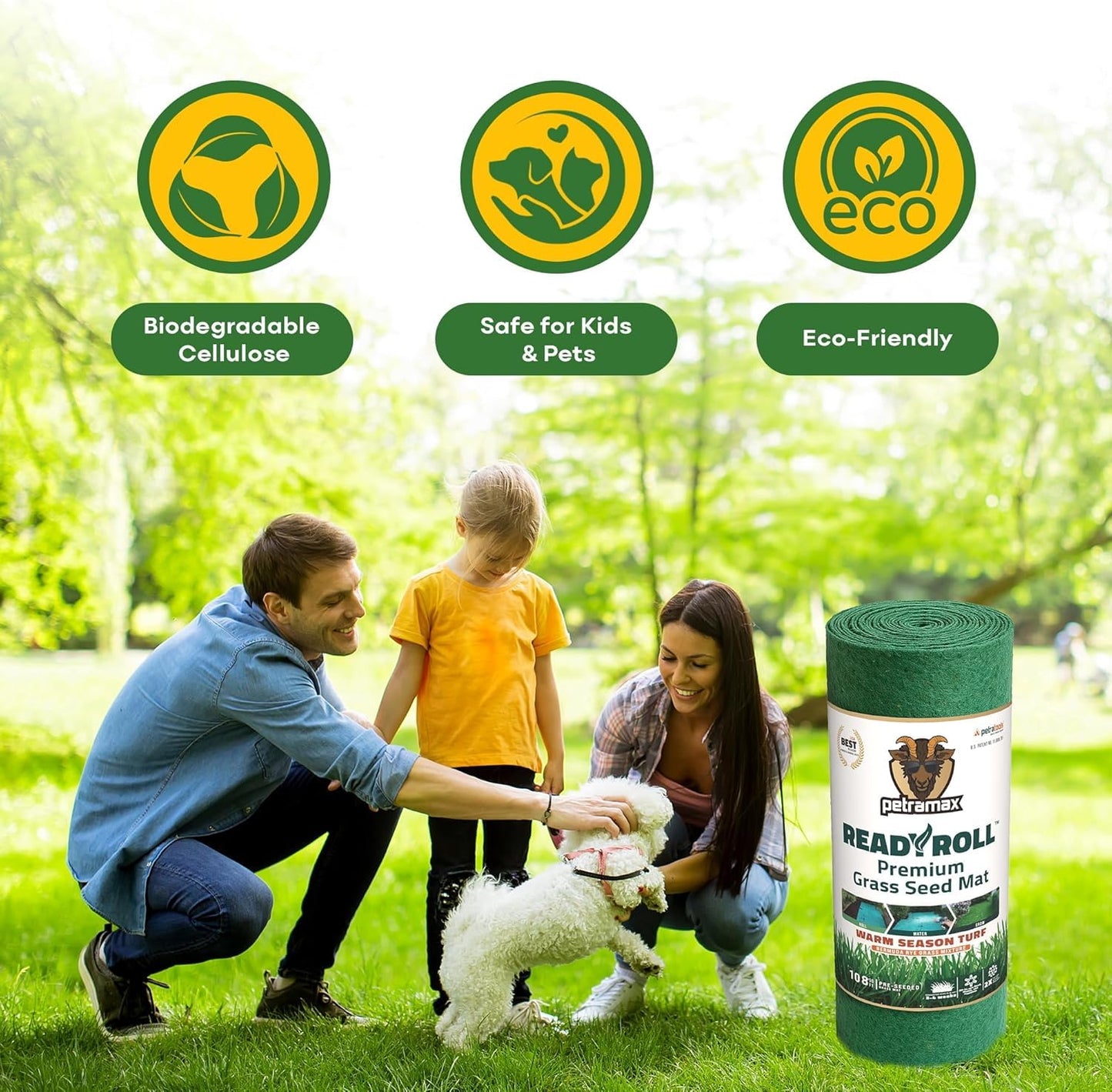 Petramax ReadyRoll Biodegradable Bermuda Grass Seed Mat for Southern Lawn 54 Sq ft. 3-in-1 Grass Seed Rolls w/Mulch & Fertilizer - Perennial Rye, Tall Fescue Blend - Heat Tolerant Lawn Repair Patch