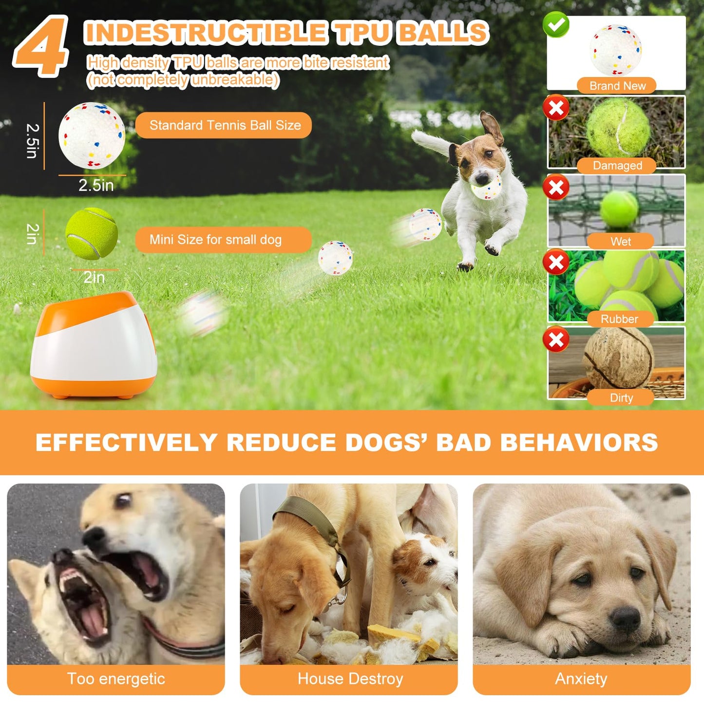Wortade Automatic Ball Launcher for Dogs, Dog Ball Thrower with 40-60-80Ft Distance, Rechargeable Automatic Launcher with 4 Balls (2.5"), Remote Control Launcher for Medium & Large