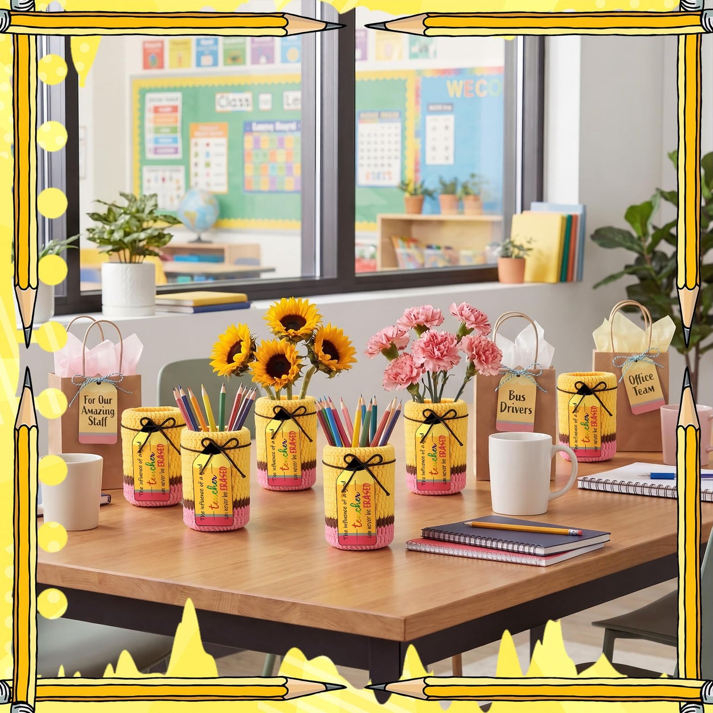 Rivvlive 6 Set Crochet Teacher Appreciation Gift Pencil Holder with Positive Card Classroom Desk Stationery Storage Organizer Thank You Gifts for Teachers Educator Staff Office School Supplies