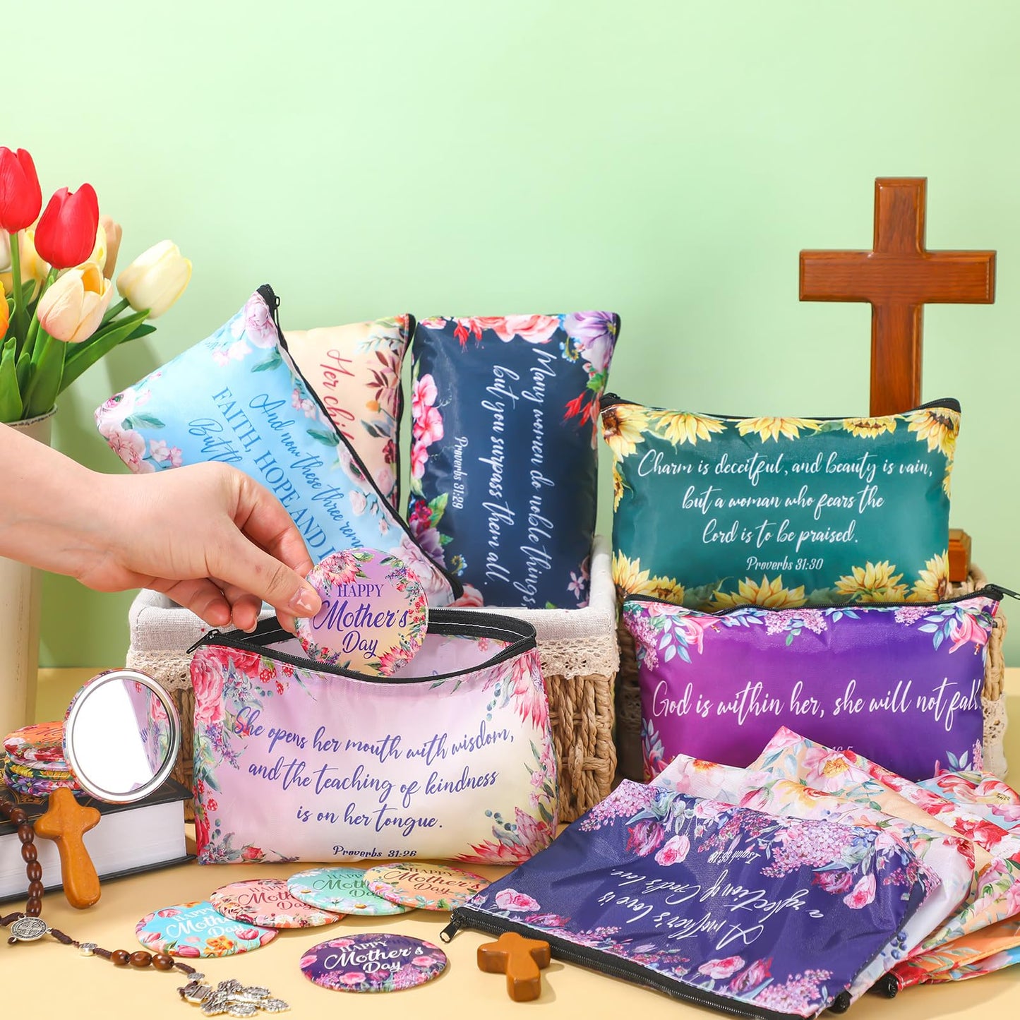 Kacctyen 144 Pcs Christian Mother's Day Bulk Gifts Inspirational Canvas Makeup Bags Compact Mirrors Bulk Christian Bible Verse Church Religious Prayer Gifts for Moms Women Church Mother's Day