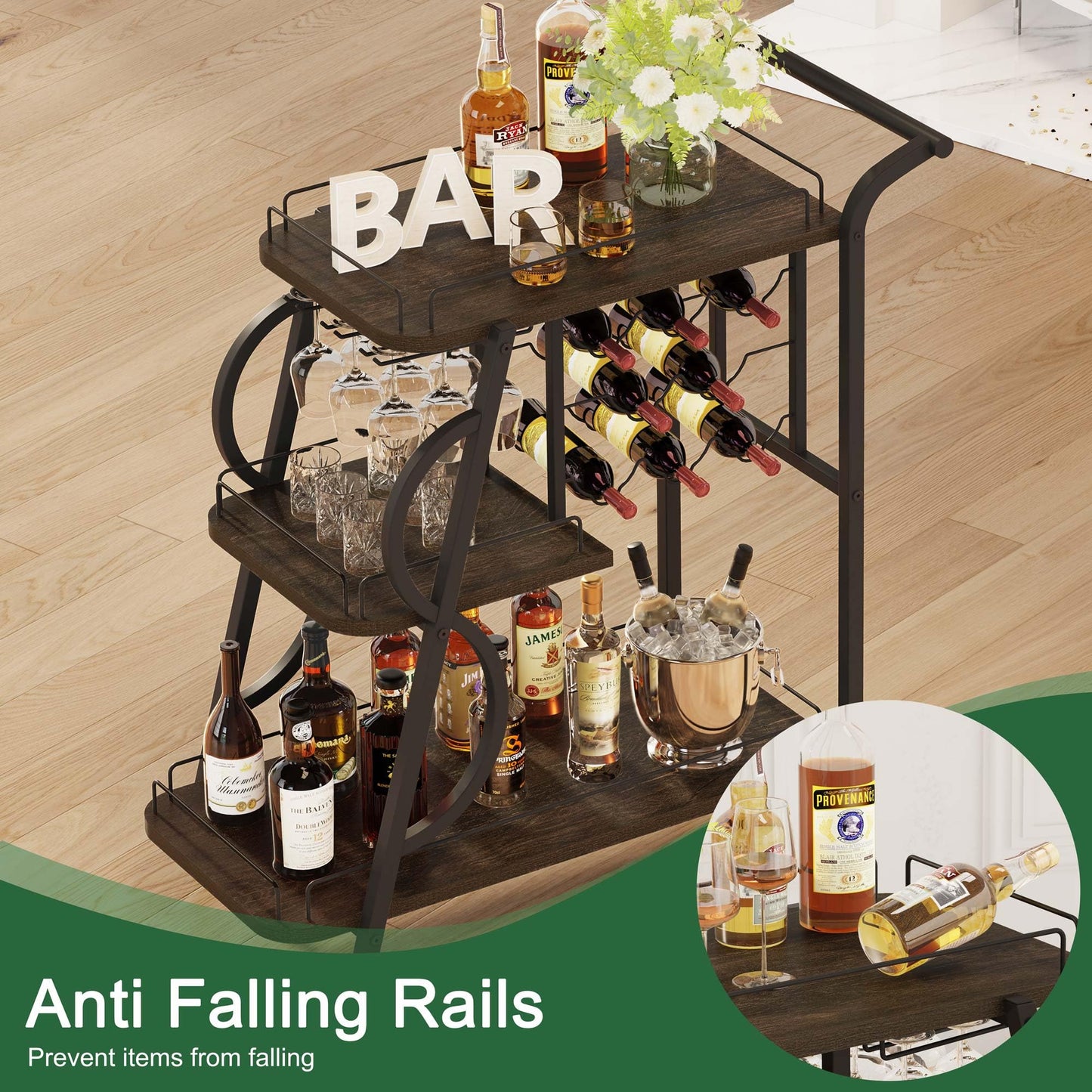 Aubtik Rustic Bar Cart, 3 Tier Rolling Bar Carts for The Home, Industrial Home Serving Cart with Wine Glass Holder, Wood Metal Liquor Trolley, Mobile Beverage and Drink Carts (Walnut Brown)