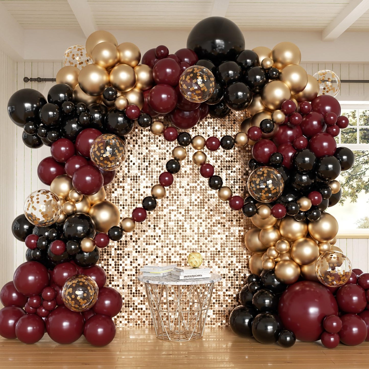 Burgundy and Gold Balloon Arch Kit, 162pcs Different Sizes with Burgundy Black Chrome Gold Confetti Balloons for Graduation Ceremony Prom Anniversary Wine Birthday Party Decorations