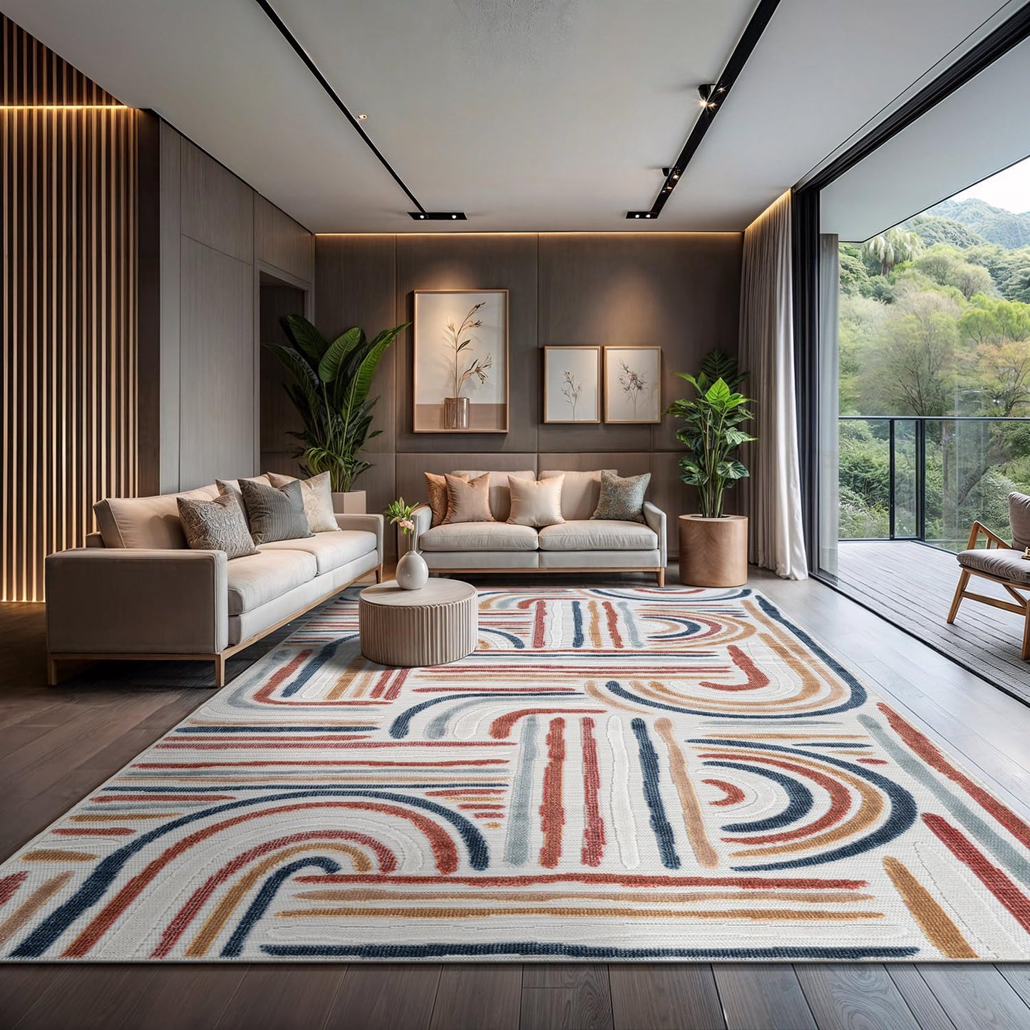CAMILSON Indoor Outdoor Rug, Multicolor 10x14 Geometric Arch Striped Large Area Rugs for Patio and Home Areas, Easy-Cleaning Non-Shedding Living Room, Garden and Deck Washable Outside Carpet 10 x 14