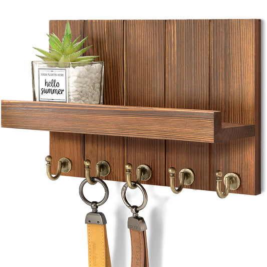 Rebee Vision Pine Wood Key Holder Wall Mount for Home Decor – Farmhouse Key Holder for Wall with Hooks & Floating Shelf – Ideal Mail Organizer for Home Organizaition (3.54" x 10" x 7.28", Retro Brown)