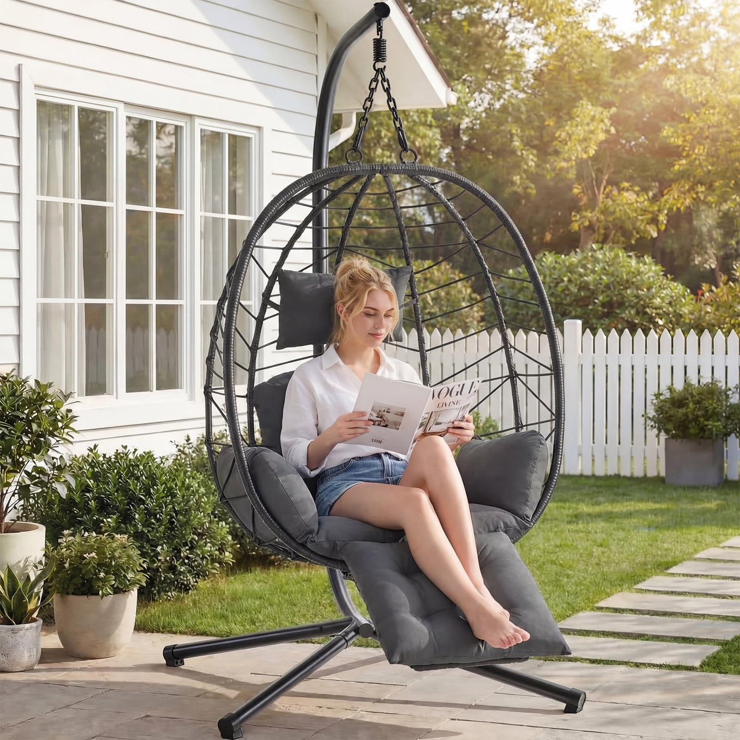 Wicker Egg Chair Outdoor, Hammock Chair with Footrest & Stand, Patio Swing with Cushion & Double Chains, Hanging Aluminum Alloy Steel Frame, 350LBS Capacity for Deck, Balcony, Grey