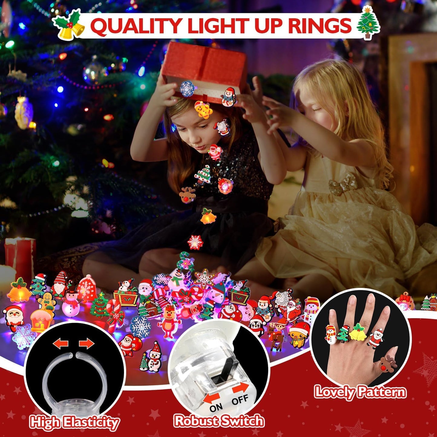 Coluans Christmas Stocking Stuffers for Kid 25Pcs Toys Christmas Party Favors for Kid LED Light Up Rings Flash Glow in The Dark Goodie Bag Stuffers Non Candy Gift Bag Fillers