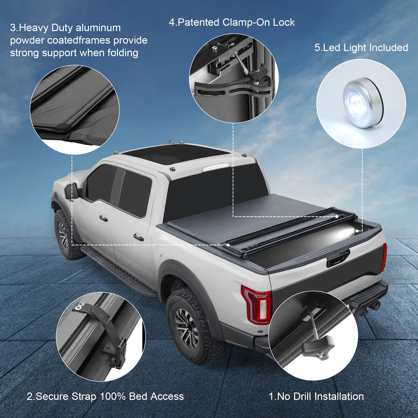 CARMOCAR Soft 4-Fold Truck Bed Tonneau Cover for 2019-2024 Replacement for Ford Ranger 6FT,Pickup Truck Bed Cover Accessories with Led Light(NOT for Models with Factory Utility Track Sys. & Roll Bar)
