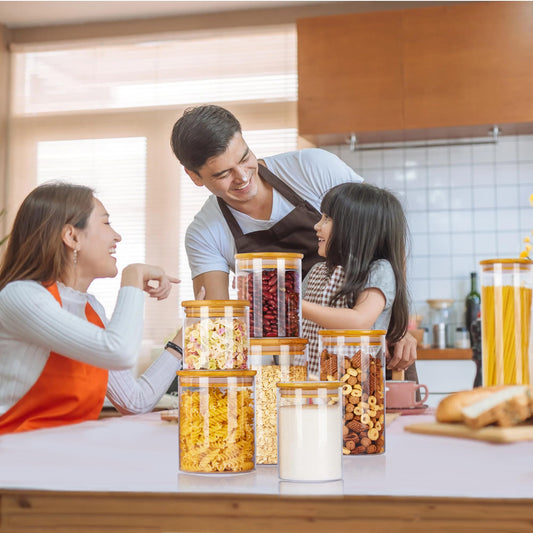 Vtopmart Glass Food Storage Jars, 7 Pack Kitchen Containers with Airtight Bamboo Wooden Lids for Pasta, Cookies, Nuts, Coffee Beans, Cereal, Canisters Set for Flour, Pantry Organization, BPA Free
