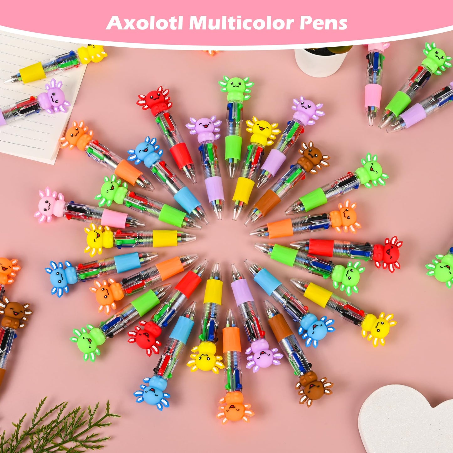 LiYiQ 50 Pcs Axolotl Party Favor Multicolor Pen in One Cartoon Cute Fun 4-in-1 Cute Pens Bulk Kawaii Axolotl Ballpoint Pens for Fun Gifts