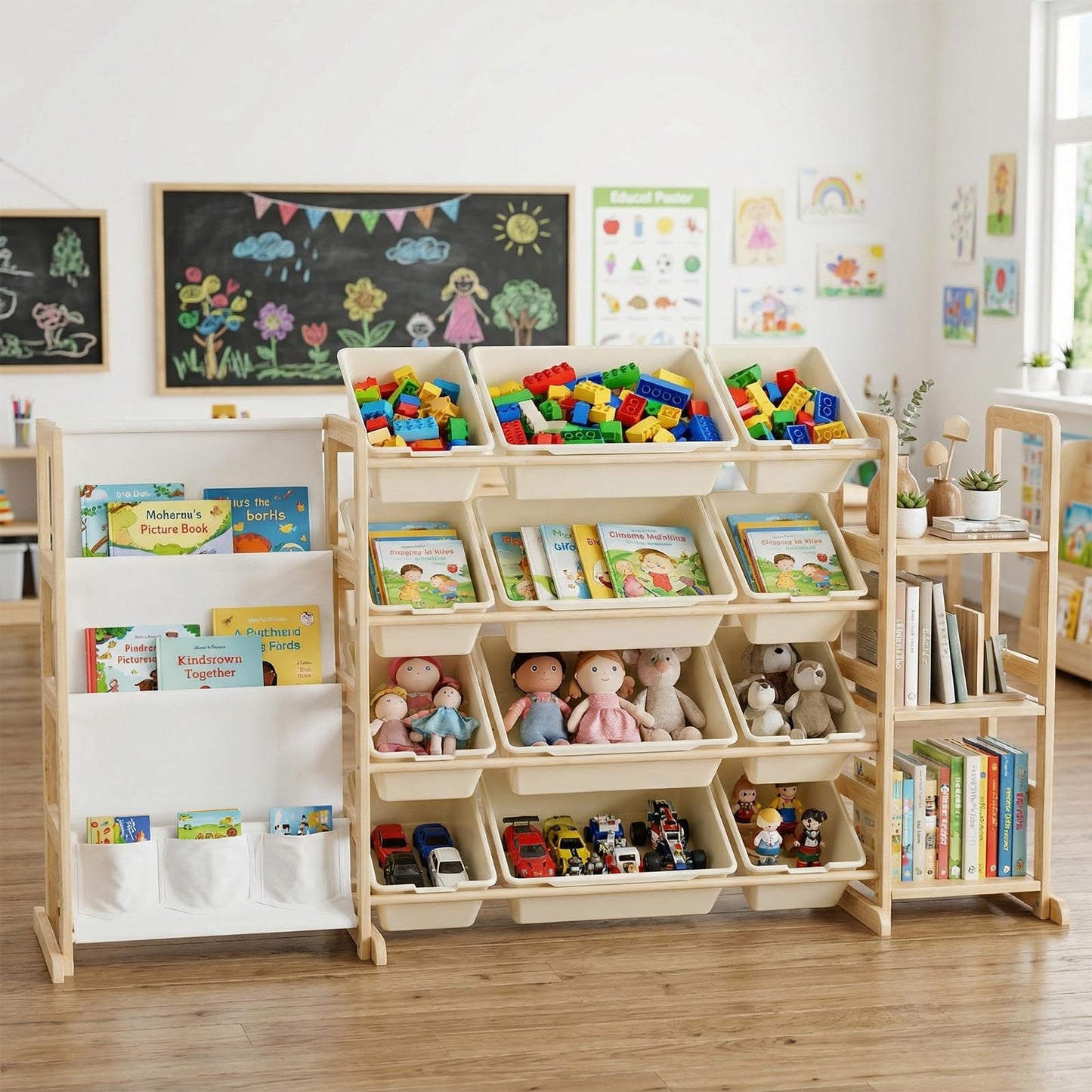 rhinowisdom Large Toy Storage Organizer with 12 Bins, 4-Tier Bookshelf & 3 Side Shelves, 59" Wide Kids Room Organization, Easy Assembly for Playroom, Bedroom, Nursery Room, White