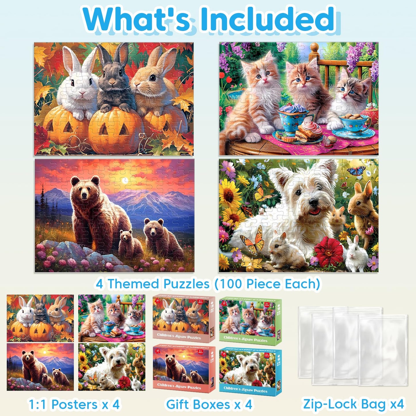 Jeacirio 4 Packs 100 Piece Puzzles for Kids Ages 4-6 - Lovely Animals Large Piece Jigsaw Puzzles for Seniors Educational Toys Gifts Kids Puzzle for 4 5 6 7 8 9 Year Olds Boys Girls