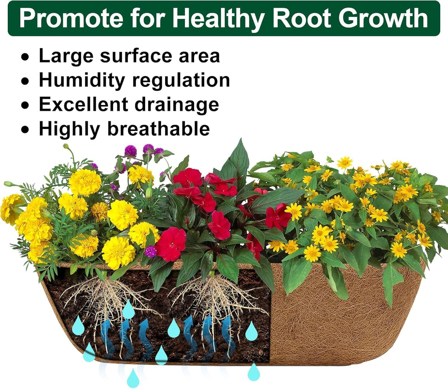 DUNCHATY 24 Inch Railing Planter Box 3 Pack - Metal Window Flower Box with Coco Coir Liner & Adjustable Hooks for Deck Balcony Porch Fence - Outdoor Horse Trough Planter for Herbs & Flowers