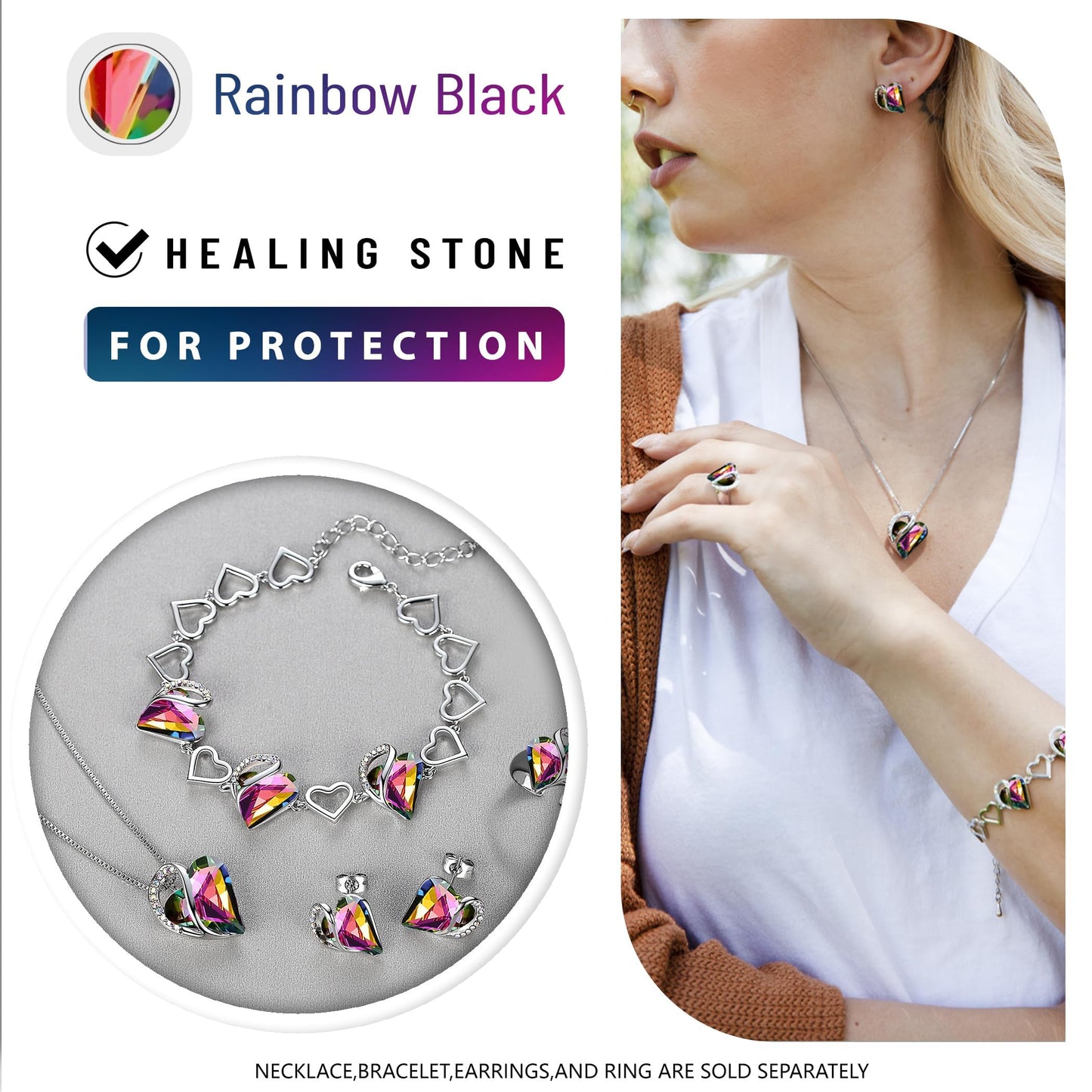 Leafael Mothers Day Gift Necklaces for Women, Infinity Love Heart Pendant with Rainbow Black Healing Crystal for Protection, Birthday Jewelry for Her, Mom, and Wife, Silver Plated, 18" + 2" Chain
