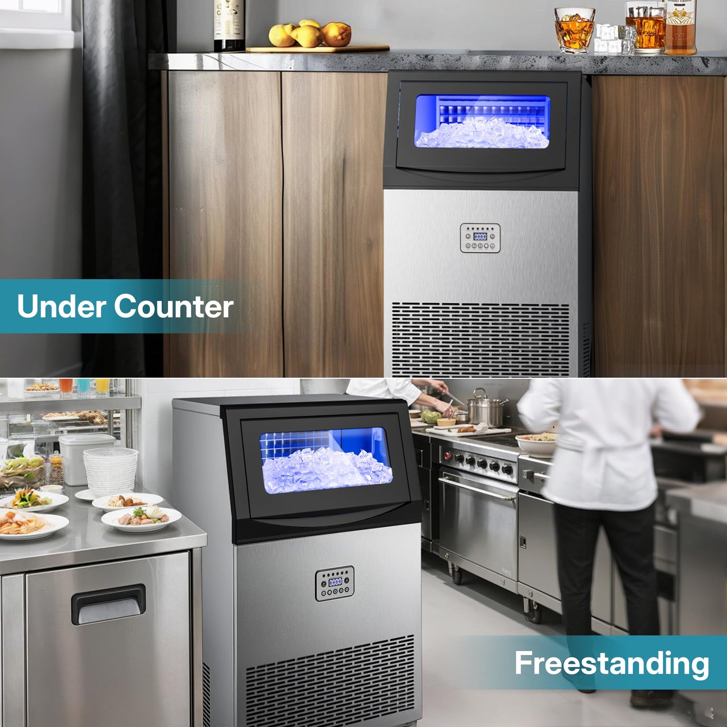 Manastin Commercial Ice Maker, 100lbs/24H Large Ice Machine with 33lbs Storage Capacity, Under Counter Ice Maker with Water Filter, for Home & Bar, Self-Cleaning, Timer, 50 Ice Cubes/15 Mins