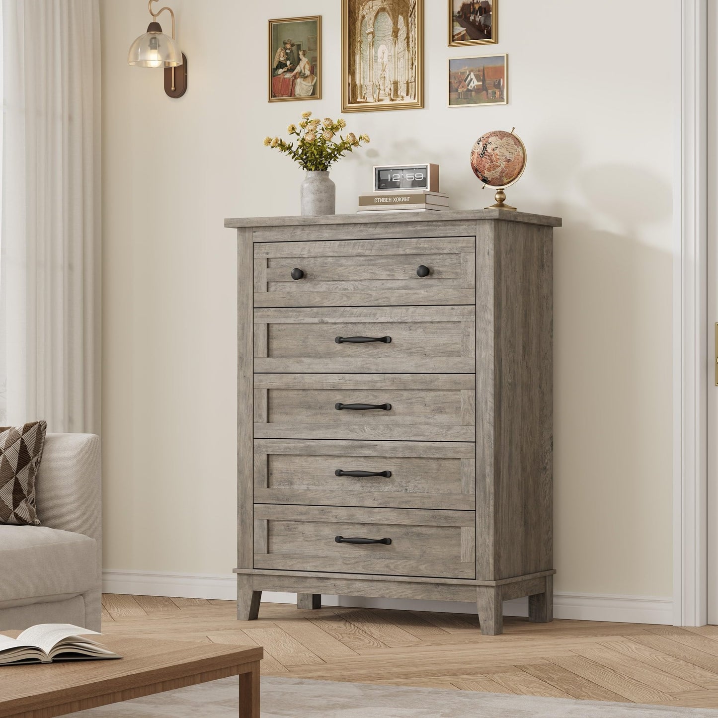 GarveeHome 5 Dresser for Bedroom, 41.3 in Tall Vertical Drawer Dresser with Large Storage, Freestanding Wooden Closet Chest for Bedroom, Living Room, Ash Grey