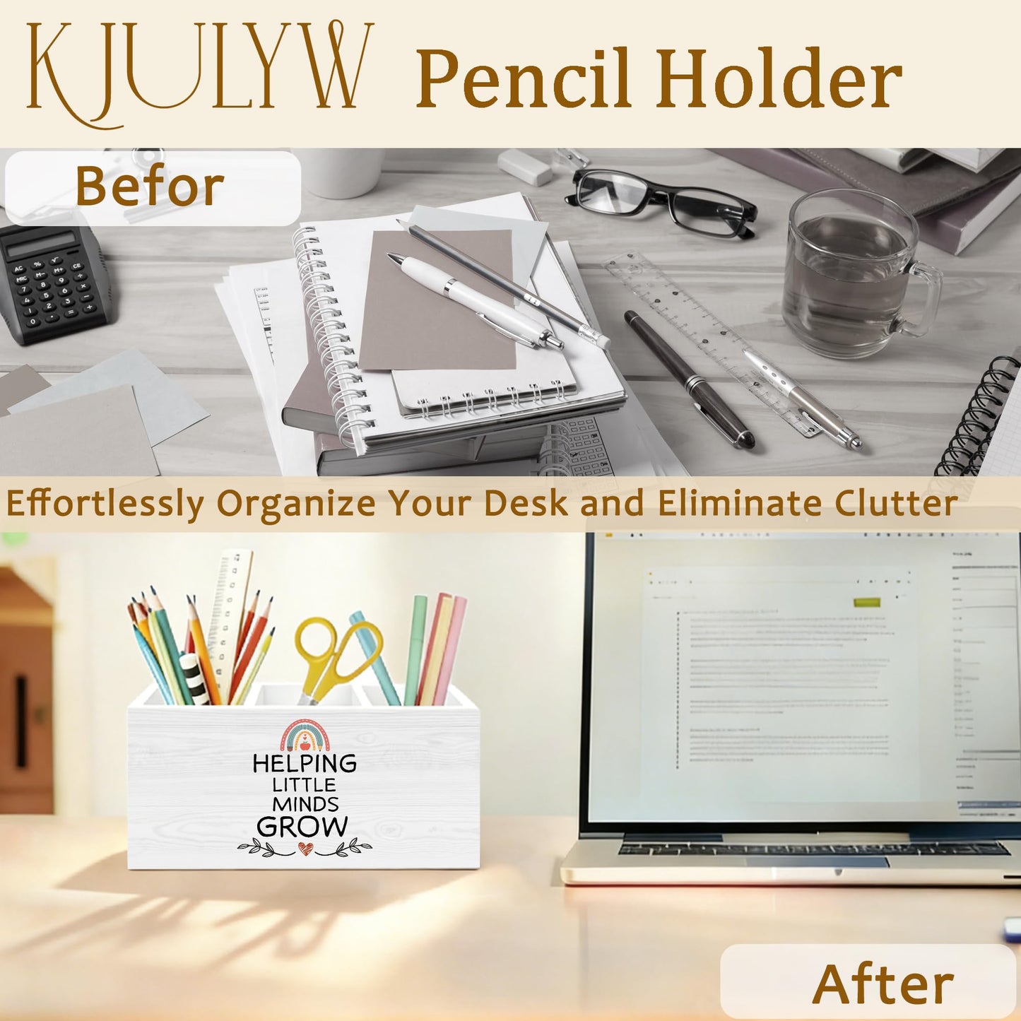 KJULYW Teacher Appreciation Gifts Pen Holder for Desk, Kindergarten Teacher Gifts for Women Coworker Wooden Box Pencil Pen Holder Organizer for Home Office Desk Accessories