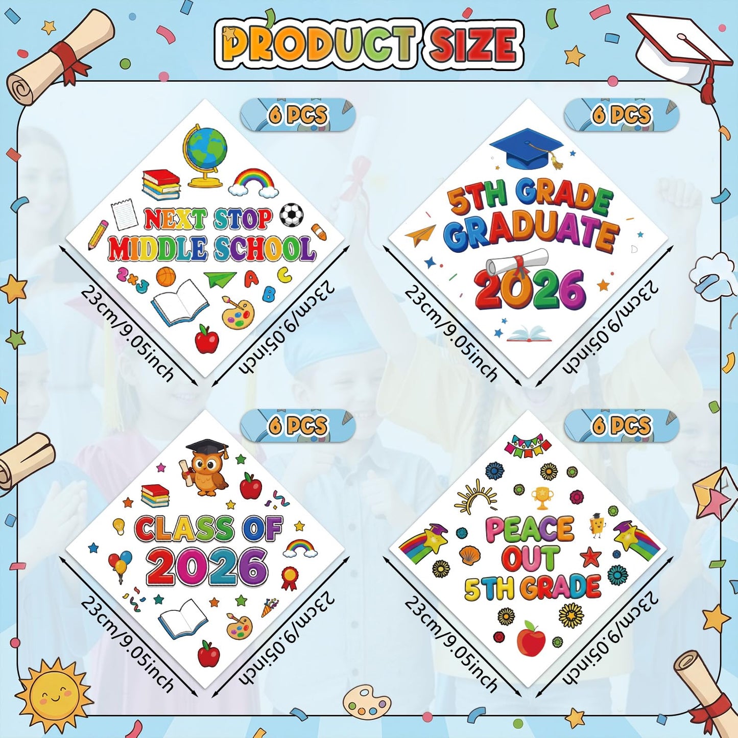 Sabary 24 Pcs 5th Grade Graduation Cap Stickers Kit 2026 Graduation Cap Topper Craft DIY Graduations Hat Decorations Stickers for Kids Classroom Crafts Activities Party Supplies