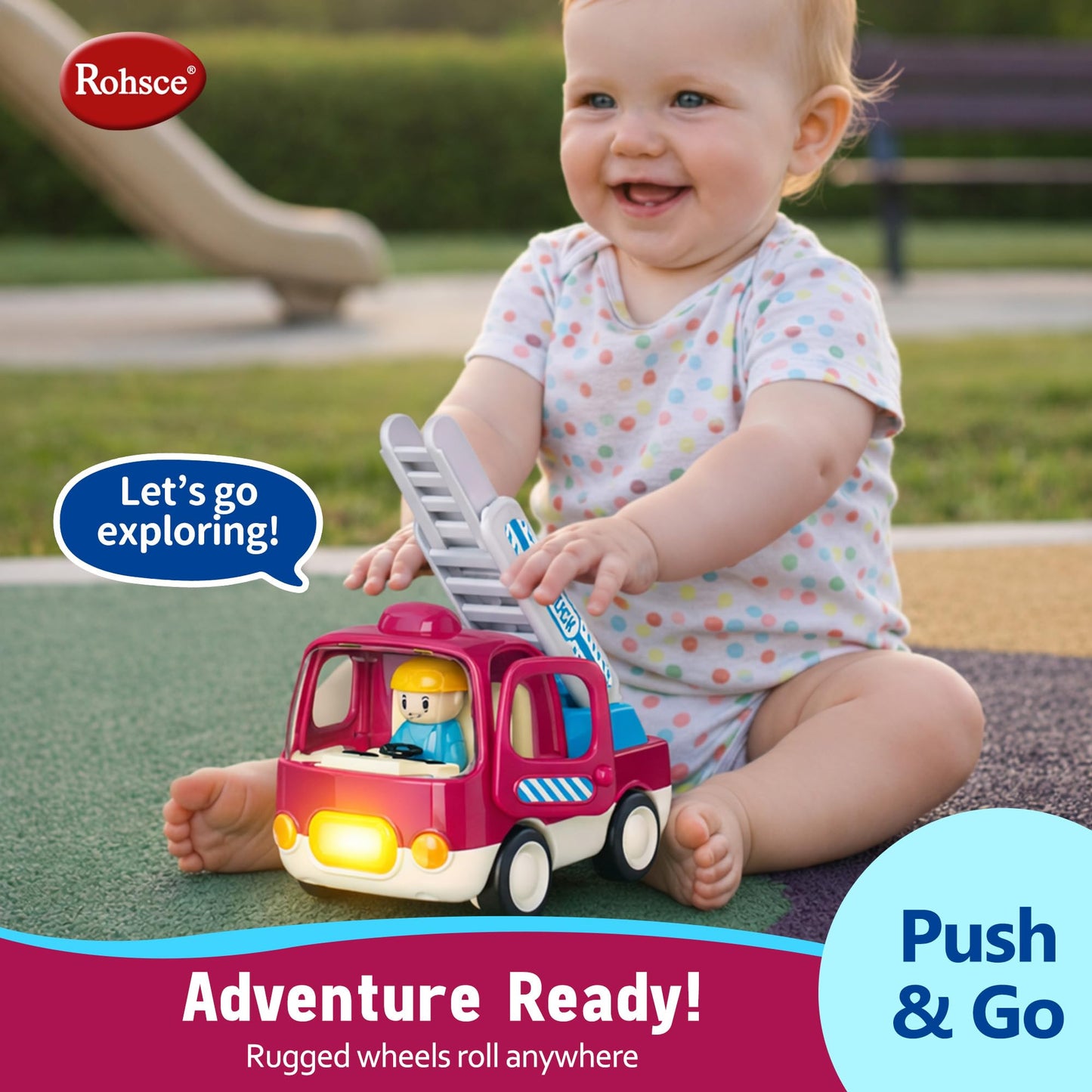 ROHSCE Baby Boy Construction Toys for 6-12 Months, Toddler Learning Toy Cars, Push and Go Friction Powered Fire Trucks with Light and Music, First Birthday Gifts for Boys