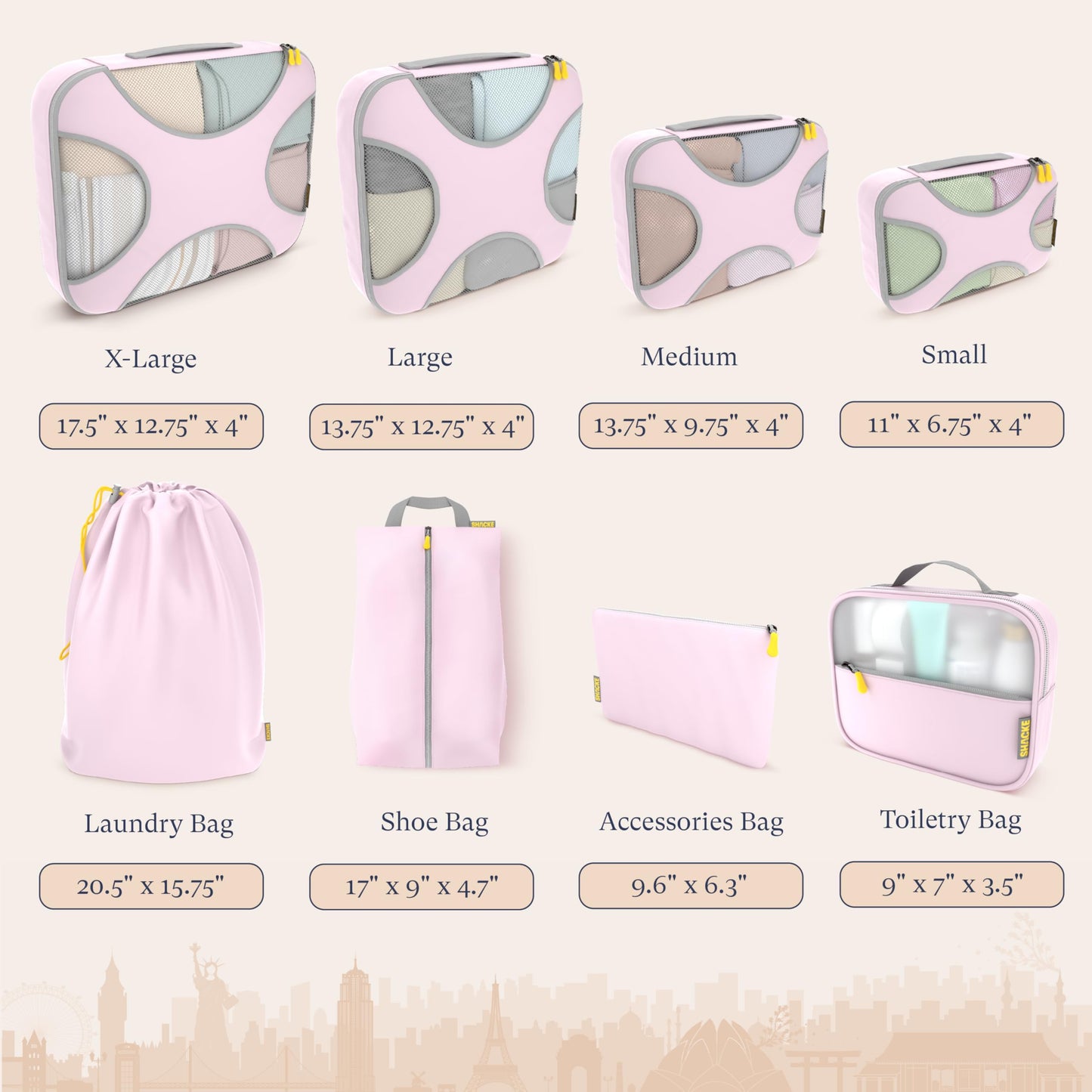 Shacke Packing Cubes for Travel 8 Set - Premium Luggage Organizer Bags - Versatile Travel Organizer for Women and Men - Optimized Packing Bags - Travel Essentials (Petal Pink)