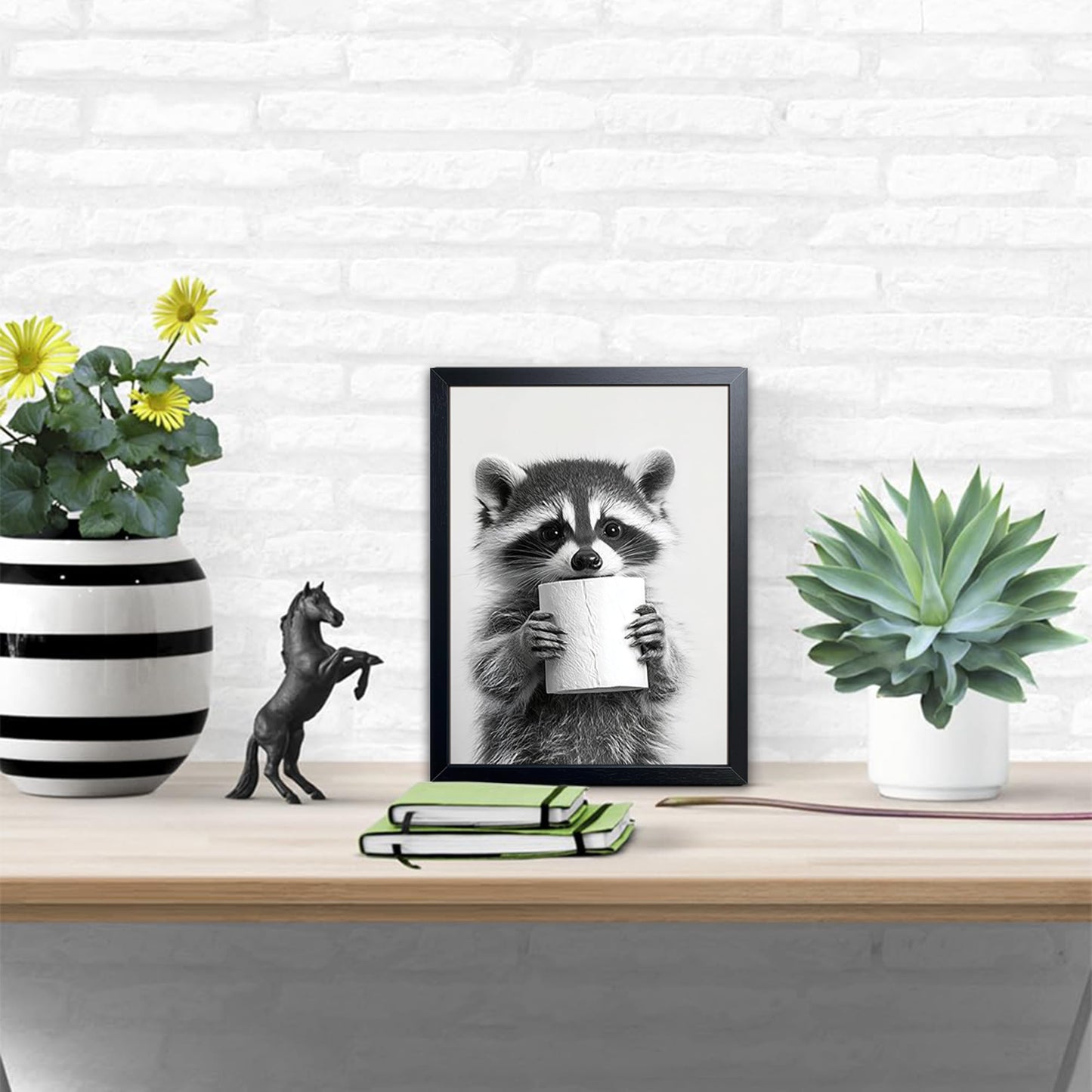 XYHYRA Bathroom Wall Art, Cute Black and White Raccoon Canvas Prints Poster, Funny Animal Decor Oil Painting, Modern Farmhouse Picture Artwork for Bathroom Toilet Wall Decor 8x10 Inch Framed