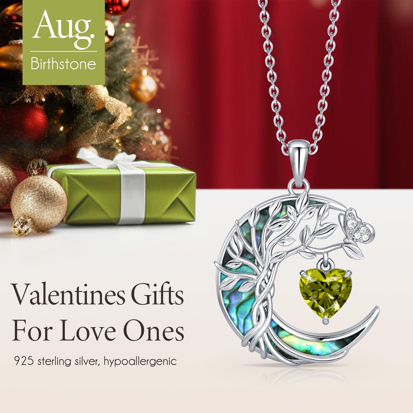 Distance Tree of Life Birthstone Necklace for Women, S925 Sterling Silver Premium Abalone Shell Moon Pendant August Heart Birthstone Necklace, Peridot Jewelry Christmas Birthday Gifts for Her Mom Wife