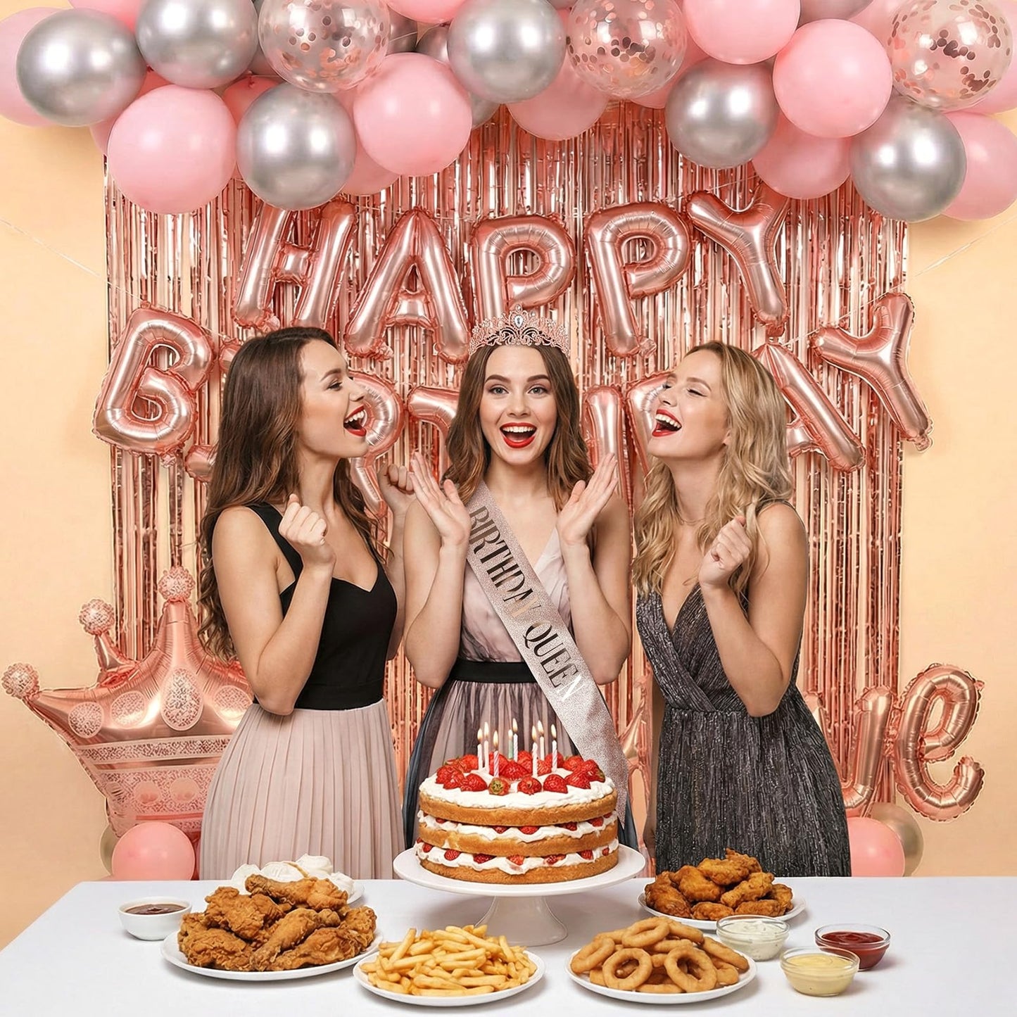 Ckhoid 60PCS Birthday Party Decoration Rose Gold Party Backdrop with Happy Birthday Banner Pink Fringe Curtain Foil & Confetti Crown Wine Bottle Lipstick Birthday Balloons for Women Birthday Party
