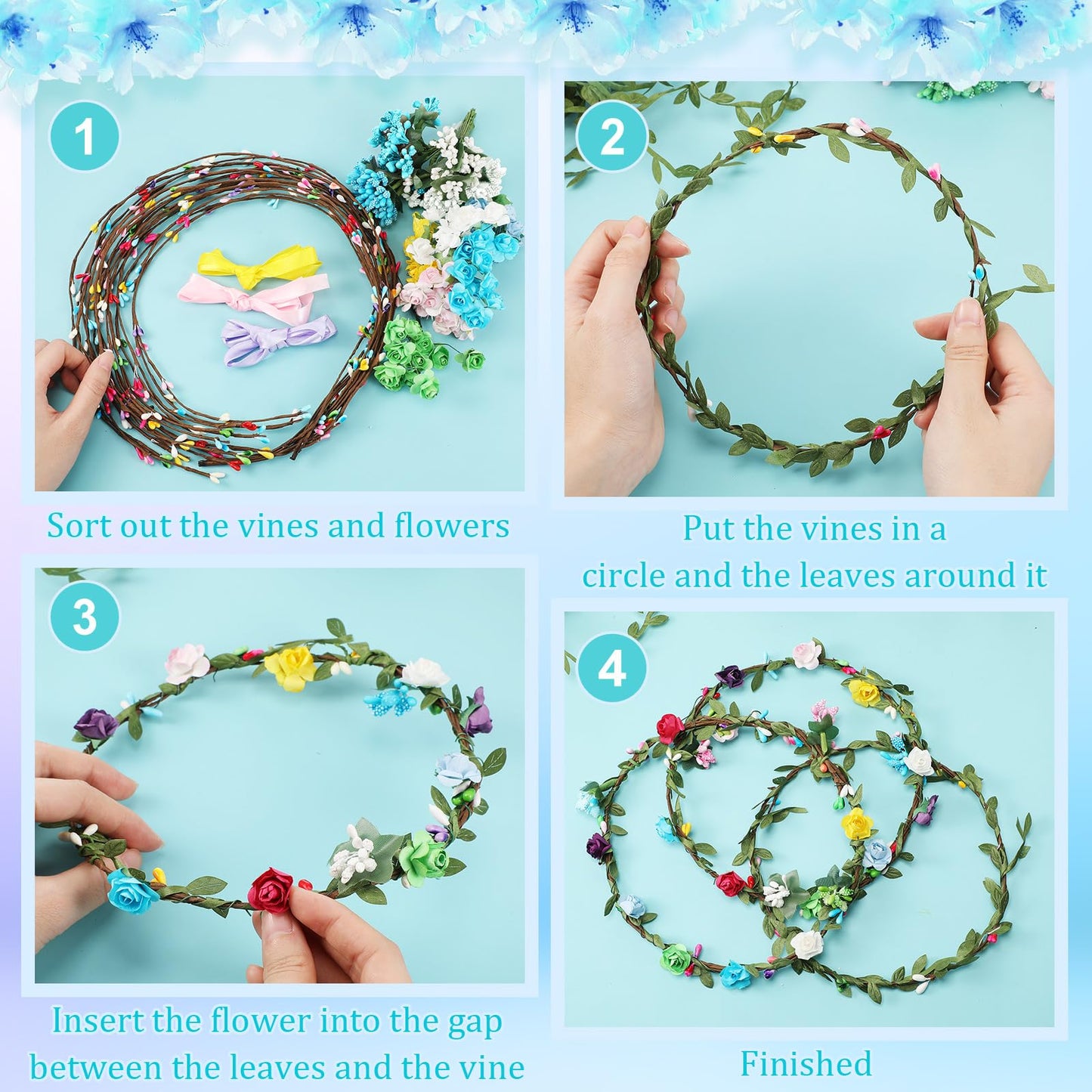 Syhood 20 Sets Flower Crowns Making Kit, Make Your Own Flower Crown Wreath Headbands and Bracelets Craft Kit Hair Accessories Handmade DIY Floral Garland Presents for Adults Women